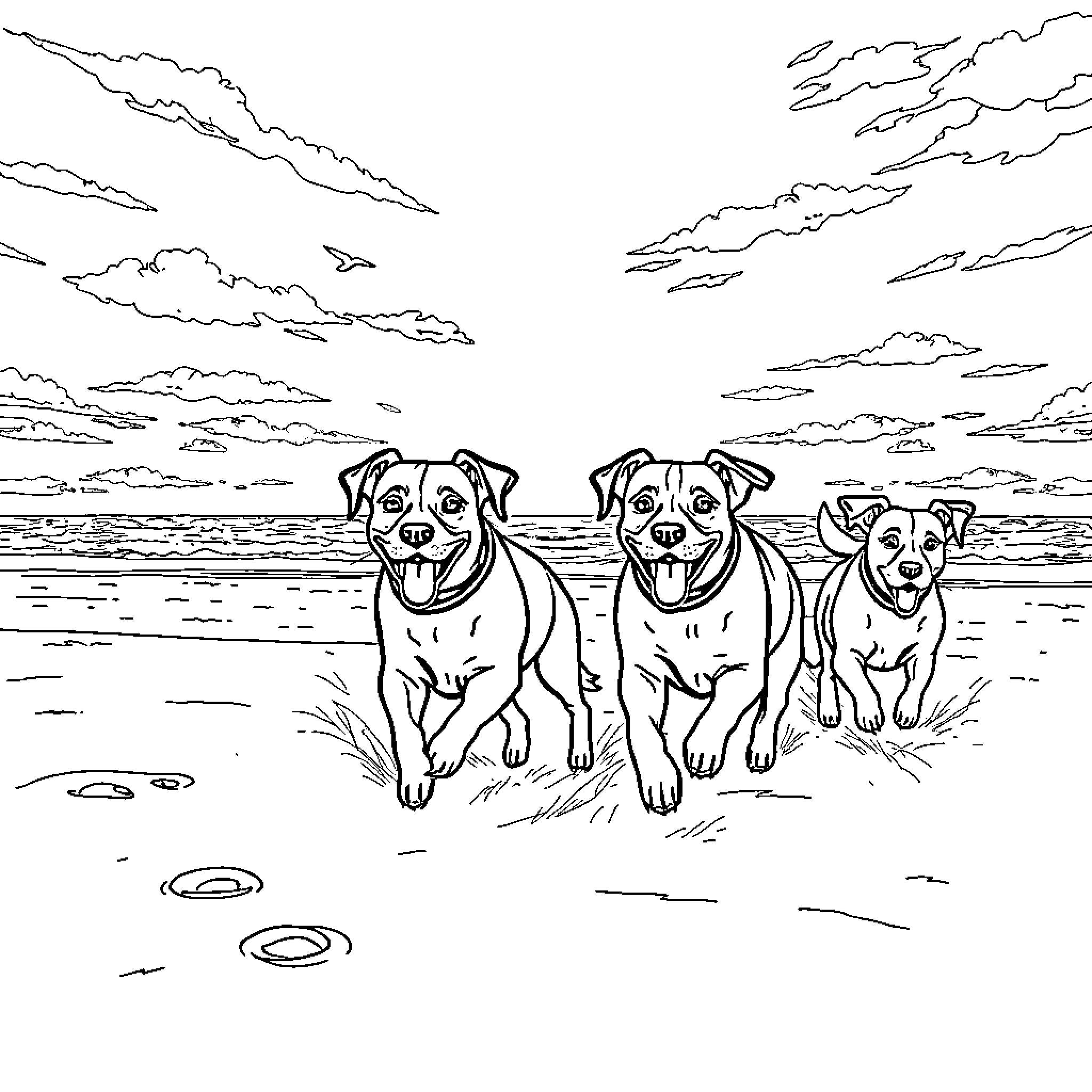 Dogs playing happily on the beach Coloring Page (free black-and-white line drawing printable PDF for all, from beginners to advanced learners, including children, teens, adults, and seniors)