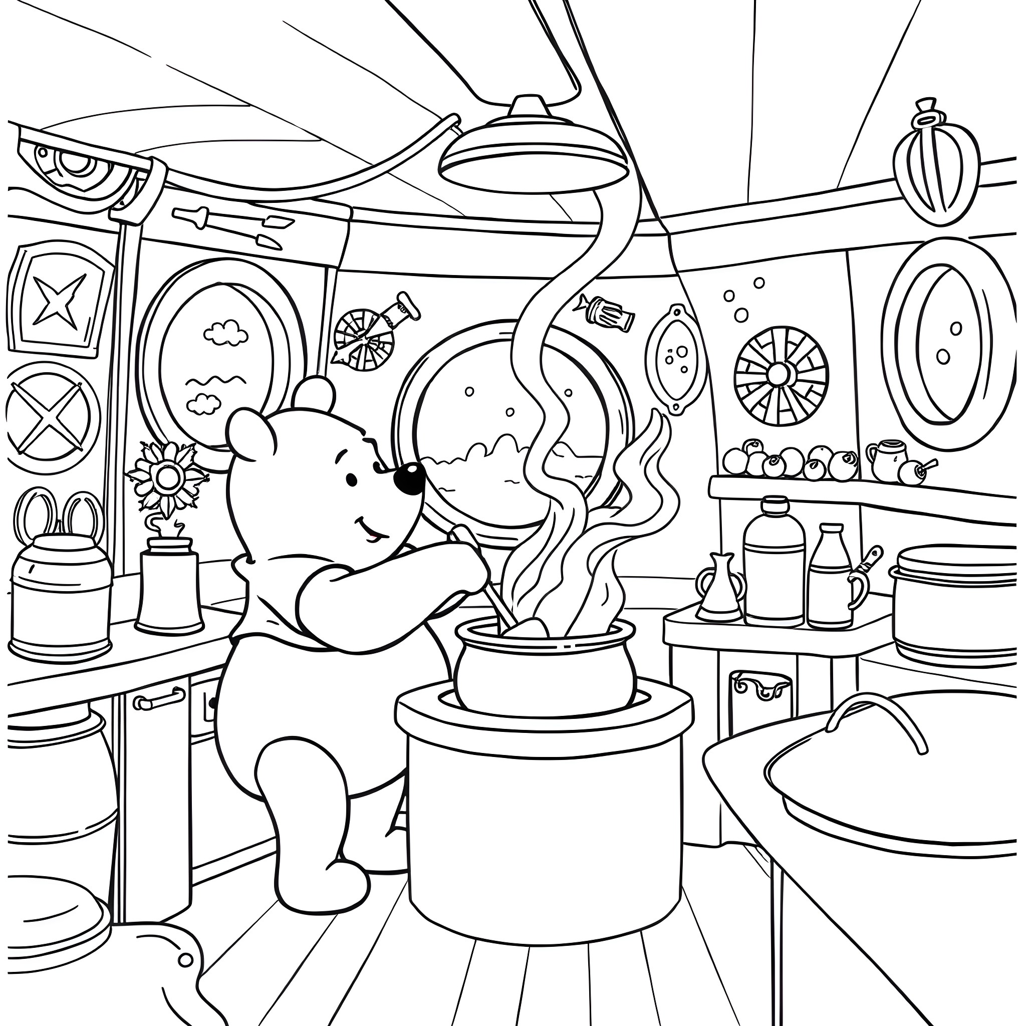 Winnie The Pooh Cooking in the Kitchen Coloring Page (free black-and-white line drawing printable PDF for all, from beginners to advanced learners, including children, teens, adults, and seniors)