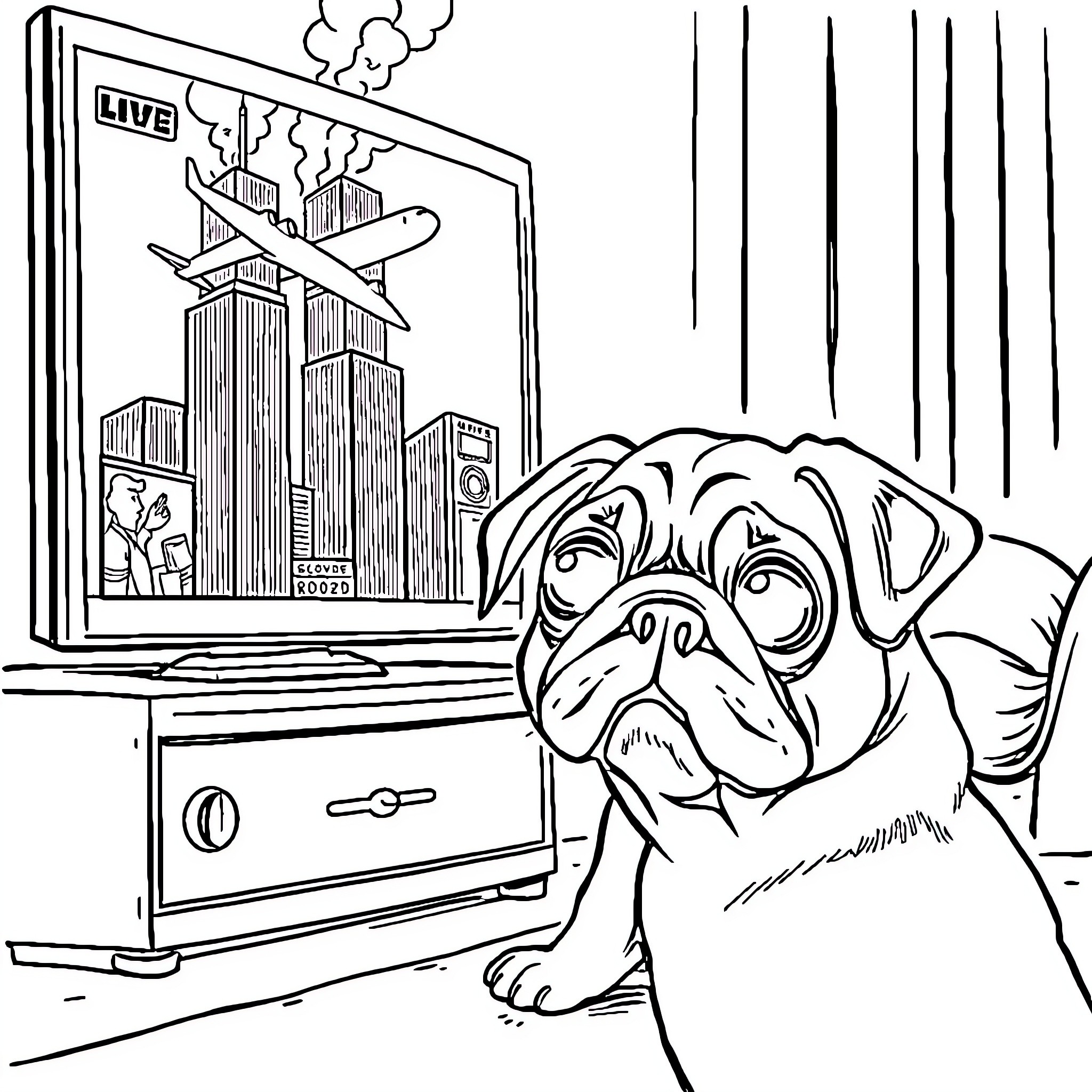 Pug watching TV in the living room Coloring Page (free black-and-white line drawing printable PDF for all, from beginners to advanced learners, including children, teens, adults, and seniors)