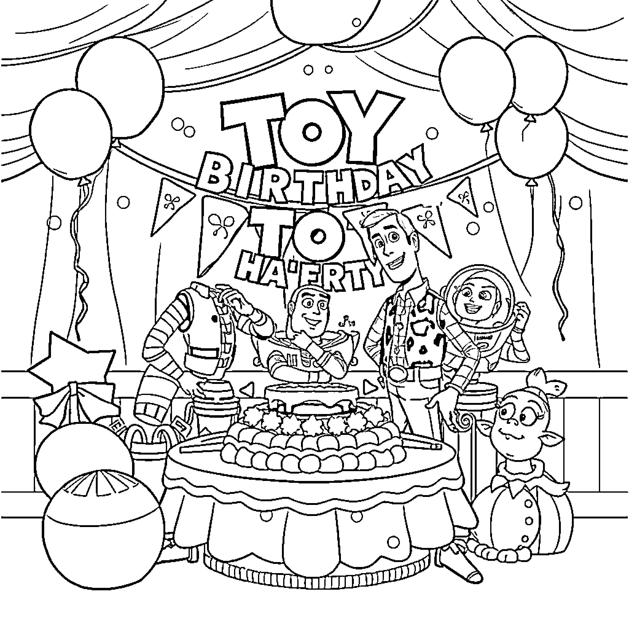 Toy Story Characters Celebrate a Birthday Party Coloring Page (free black-and-white line drawing printable PDF for all, from beginners to advanced learners, including children, teens, adults, and seniors)