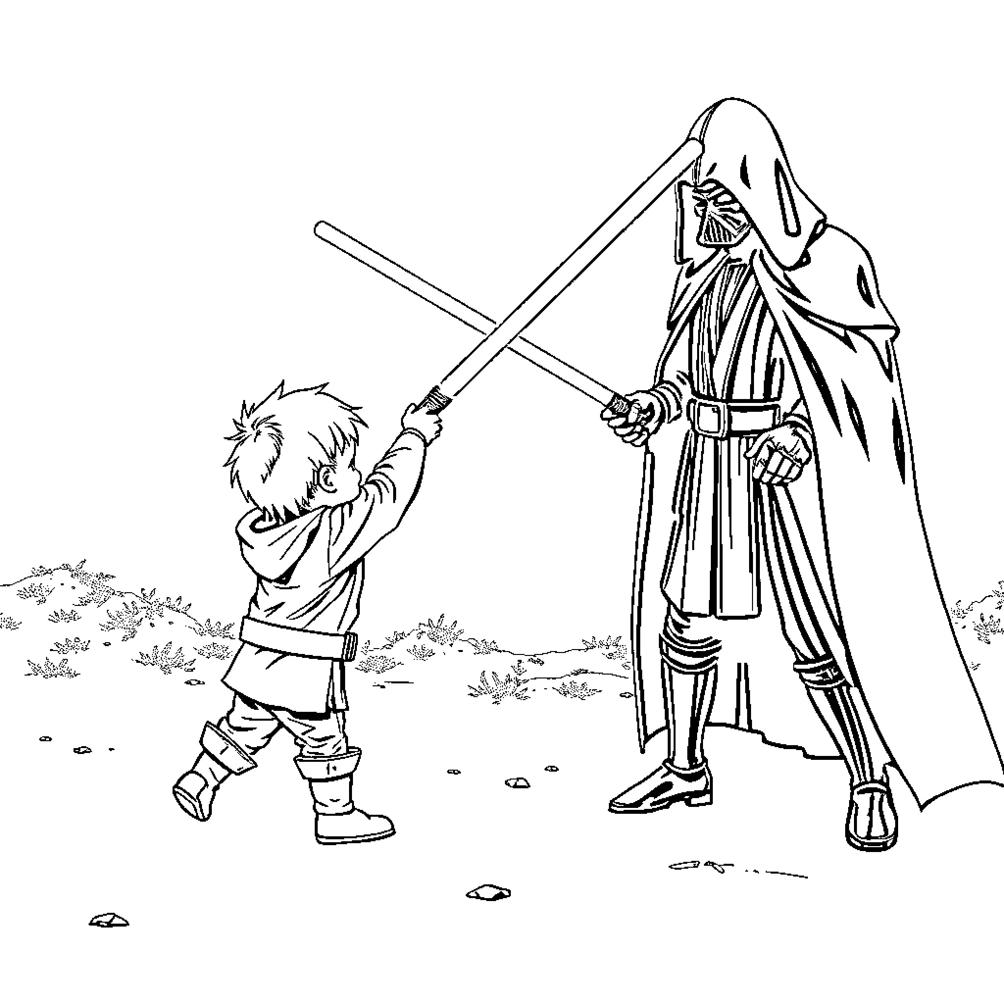 Toddler learning swordsmanship from a mentor Coloring Page (free black-and-white line drawing printable PDF for all, from beginners to advanced learners, including children, teens, adults, and seniors)