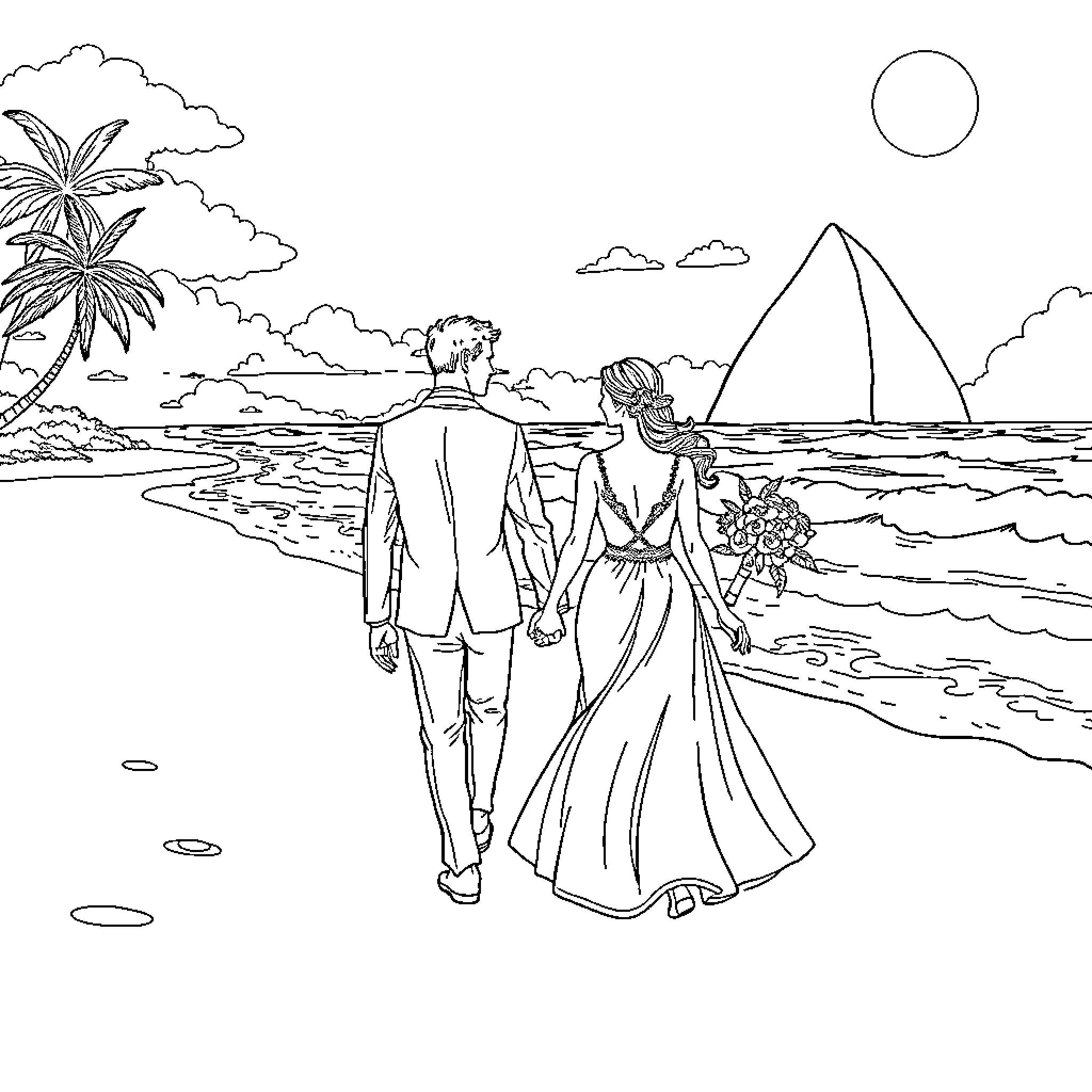Newlywed couple enjoying a romantic seaside stroll Coloring Page (free black-and-white line drawing printable PDF for all, from beginners to advanced learners, including children, teens, adults, and seniors)