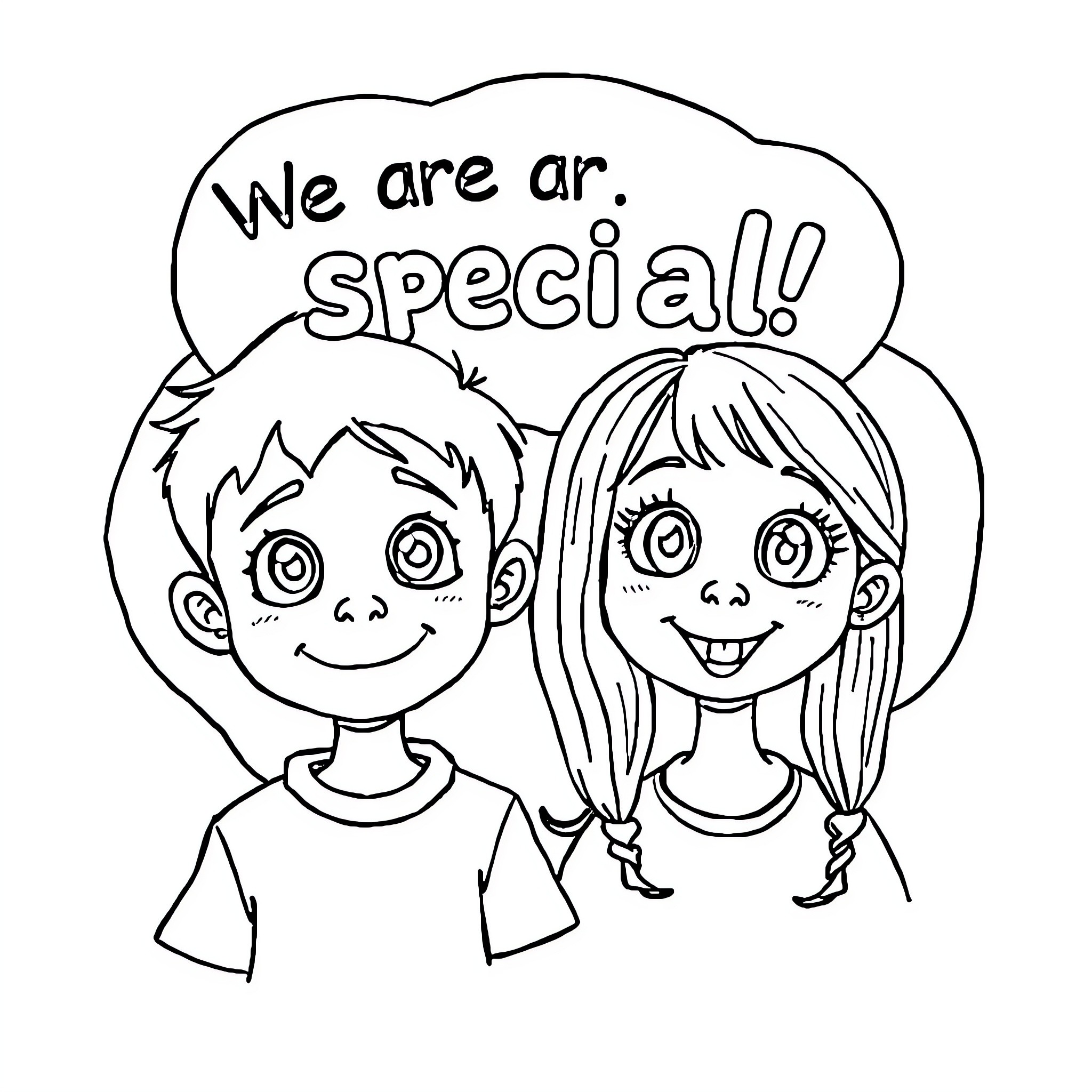 Child characters celebrating their uniqueness Coloring Page (free black-and-white line drawing printable PDF for all, from beginners to advanced learners, including children, teens, adults, and seniors)