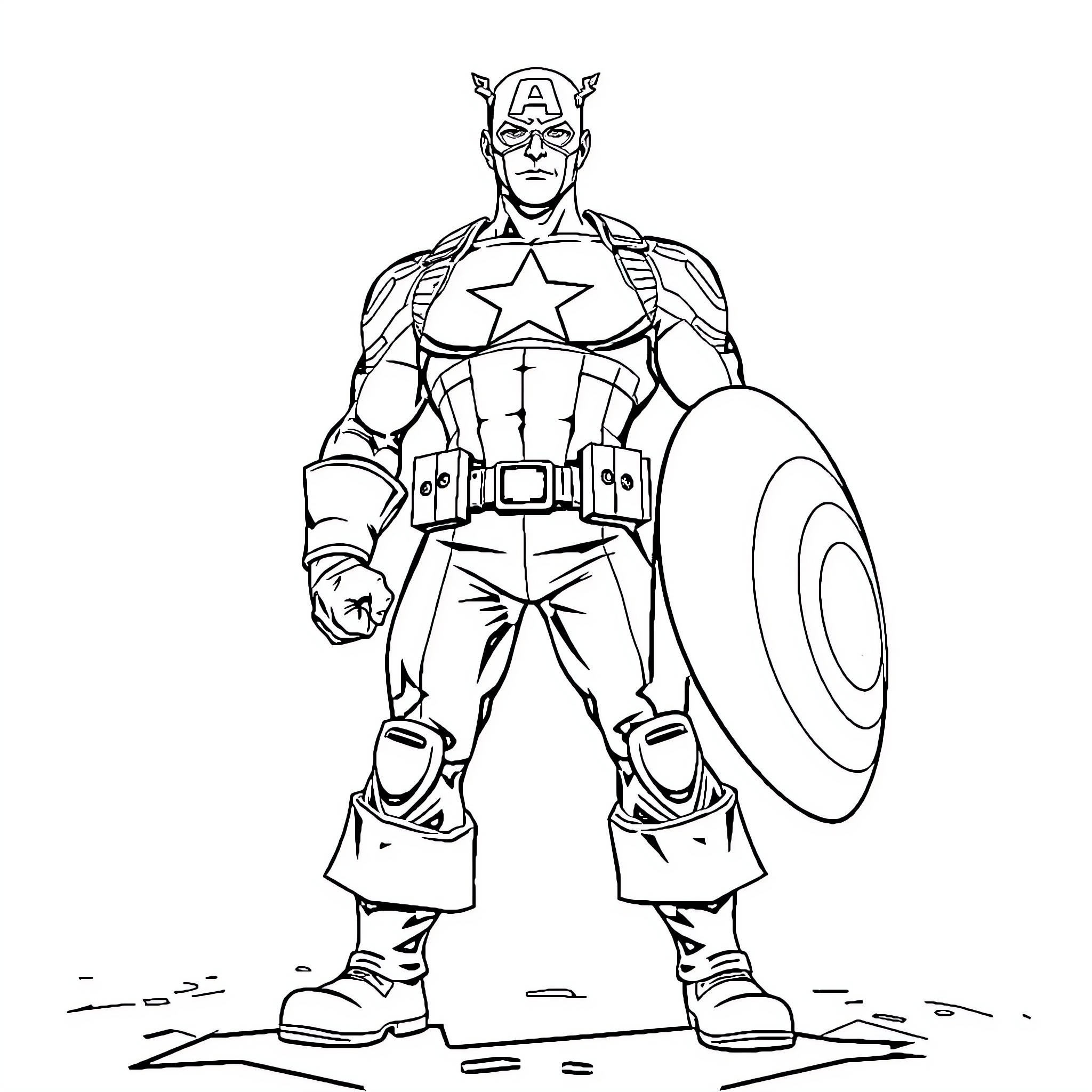 Captain America standing tall in combat gear Coloring Page (free black-and-white line drawing printable PDF for all, from beginners to advanced learners, including children, teens, adults, and seniors)