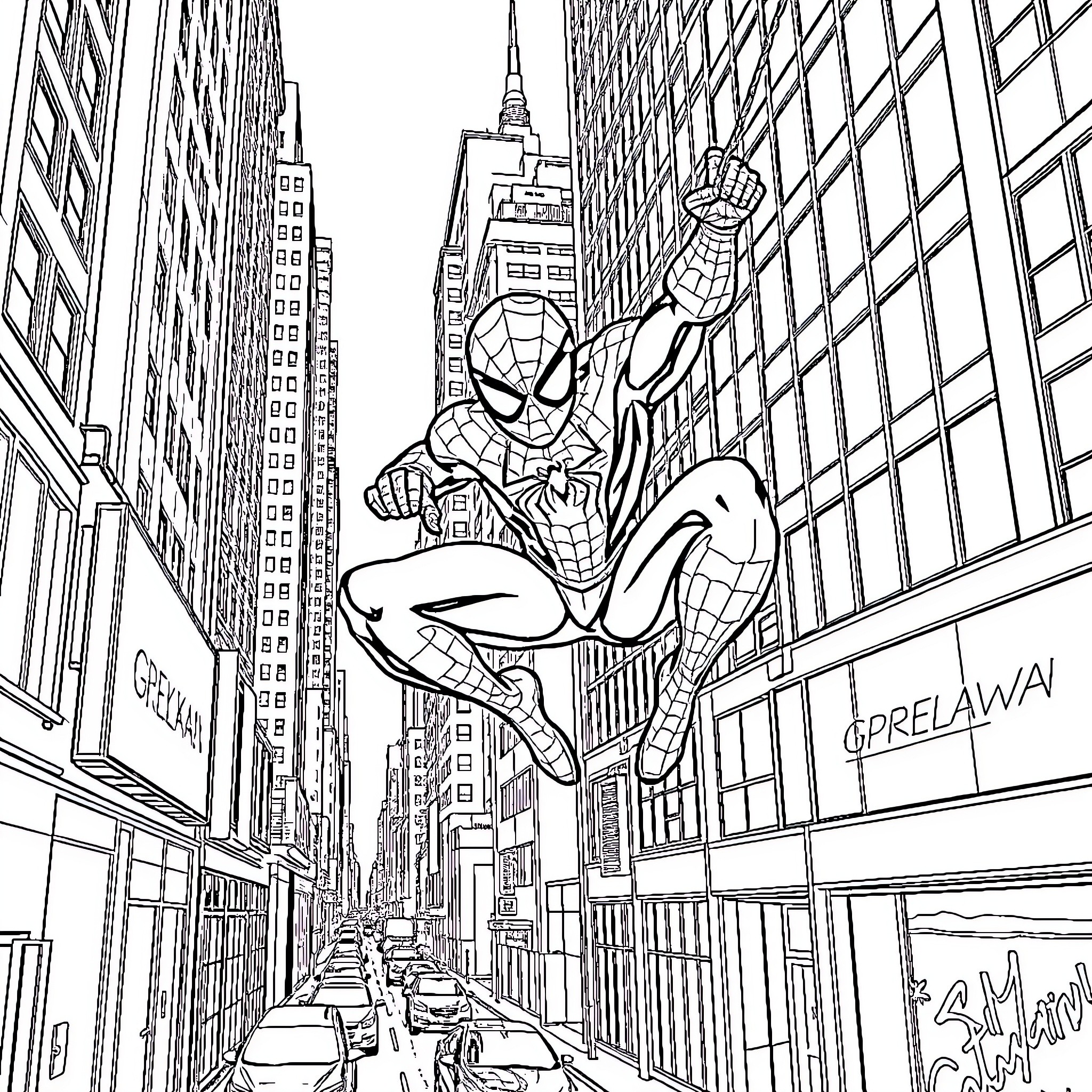 Spider-Man swinging through the city streets Coloring Page (free black-and-white line drawing printable PDF for all, from beginners to advanced learners, including children, teens, adults, and seniors)