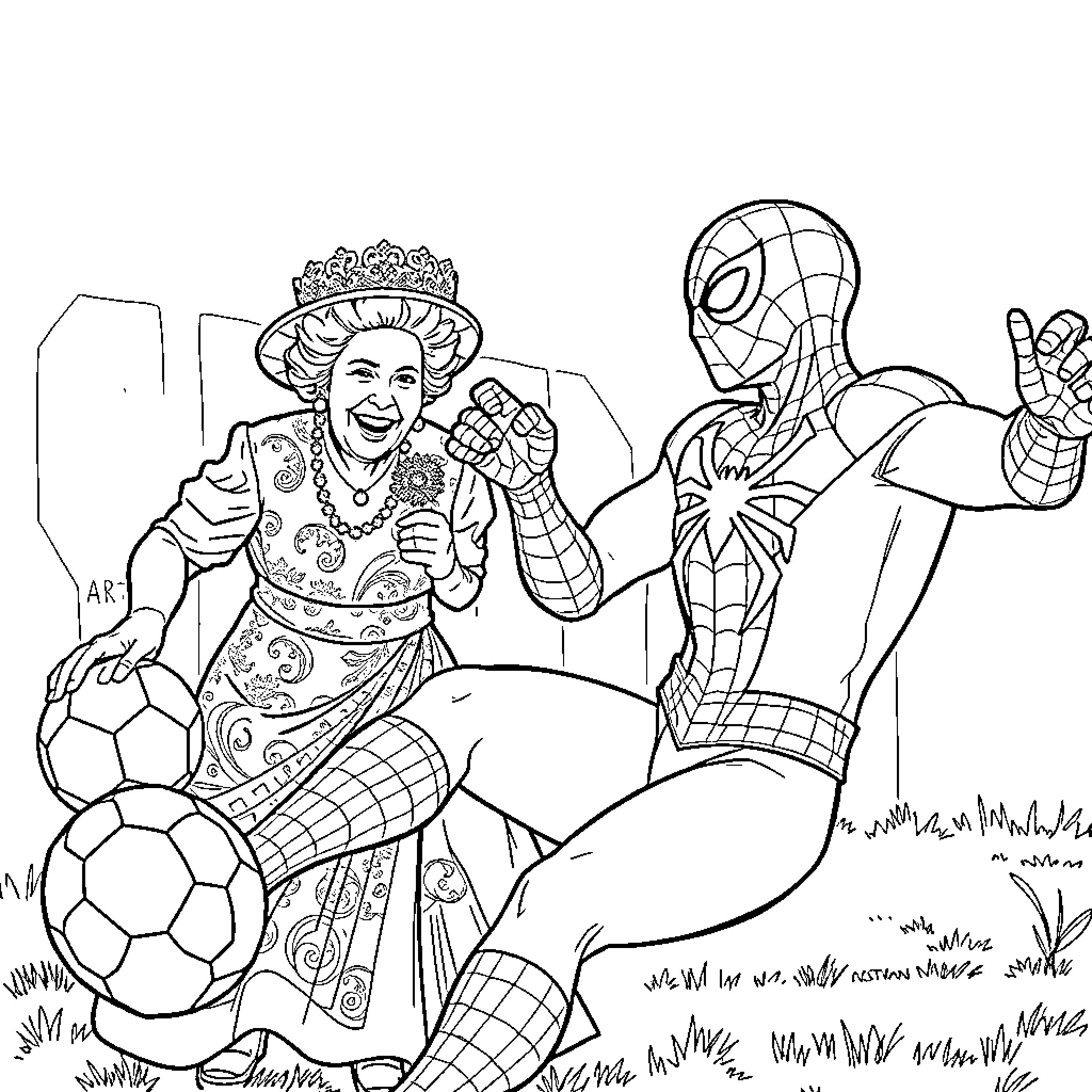 Spiderman meets the Queen in whimsical illustration Coloring Page (free black-and-white line drawing printable PDF for all, from beginners to advanced learners, including children, teens, adults, and seniors)