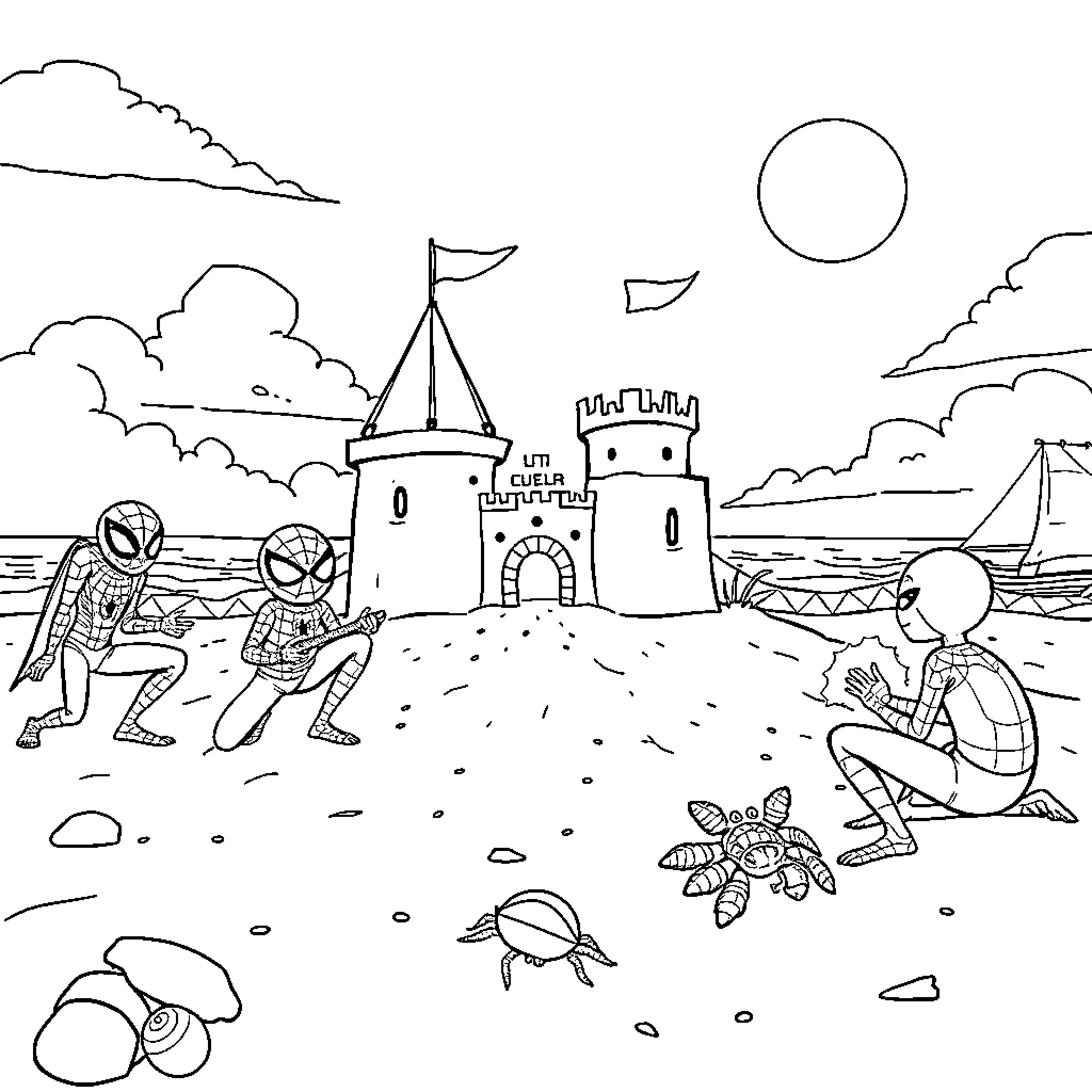 Spidey adventures at the beach with castle Coloring Page (free black-and-white line drawing printable PDF for all, from beginners to advanced learners, including children, teens, adults, and seniors)