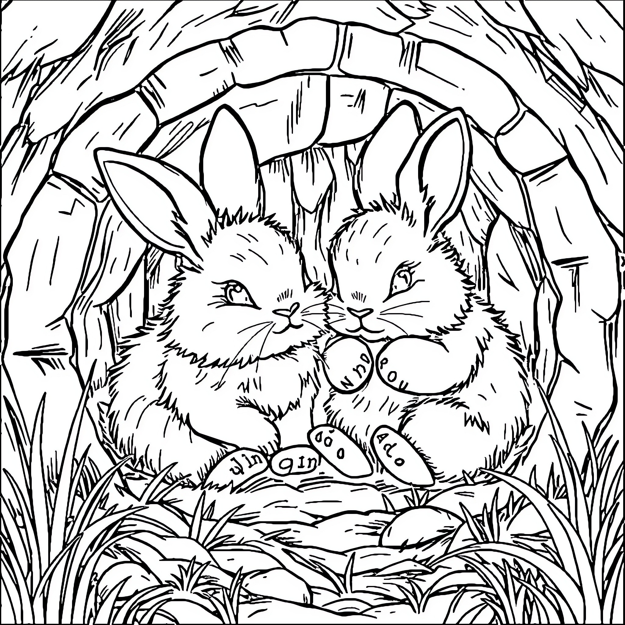 Rabbit Hiding in Lush Foliage Coloring Page (free black-and-white line drawing printable PDF for all, from beginners to advanced learners, including children, teens, adults, and seniors)