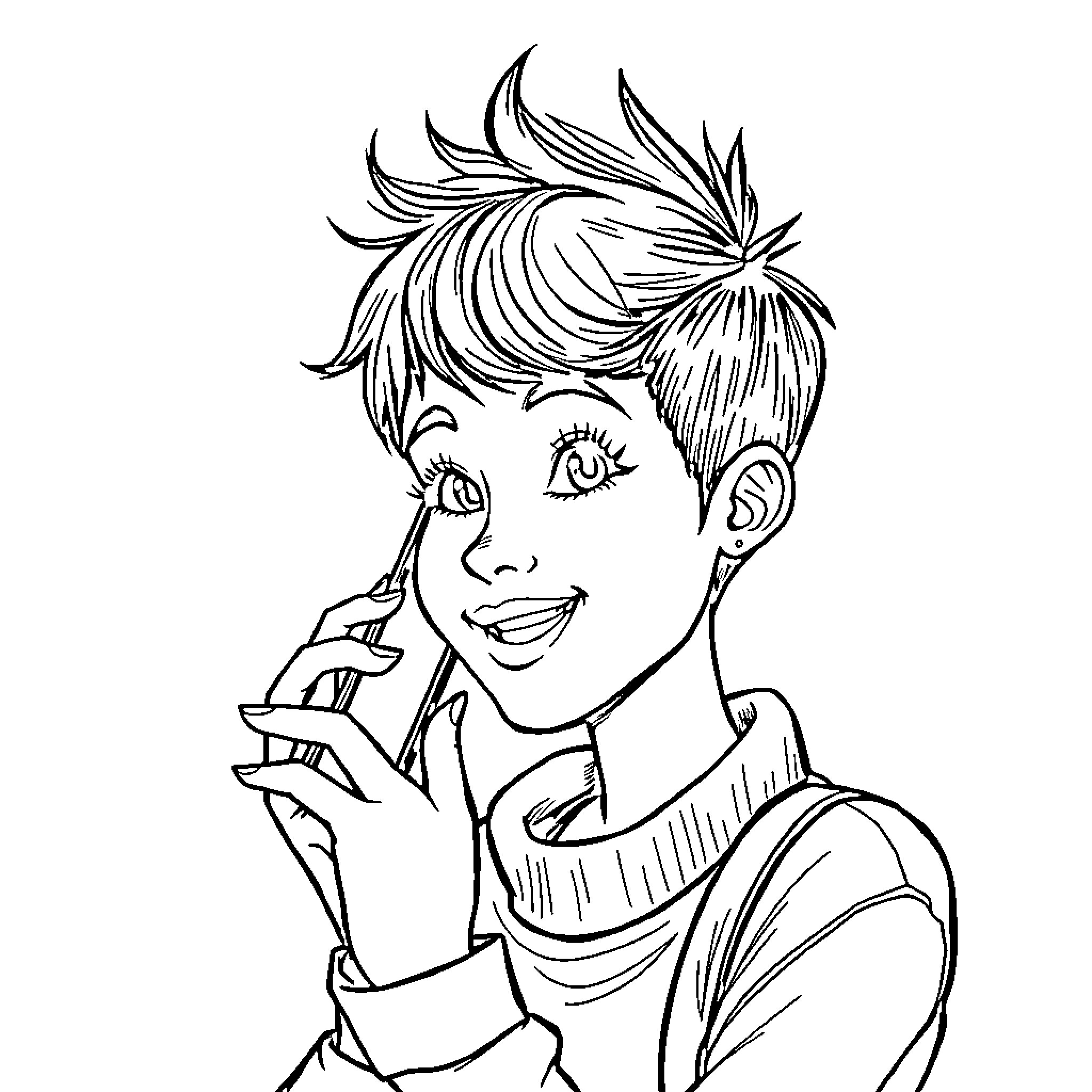 Woman with Expressive Gesture and Hairstyle Coloring Page (free black-and-white line drawing printable PDF for all, from beginners to advanced learners, including children, teens, adults, and seniors)