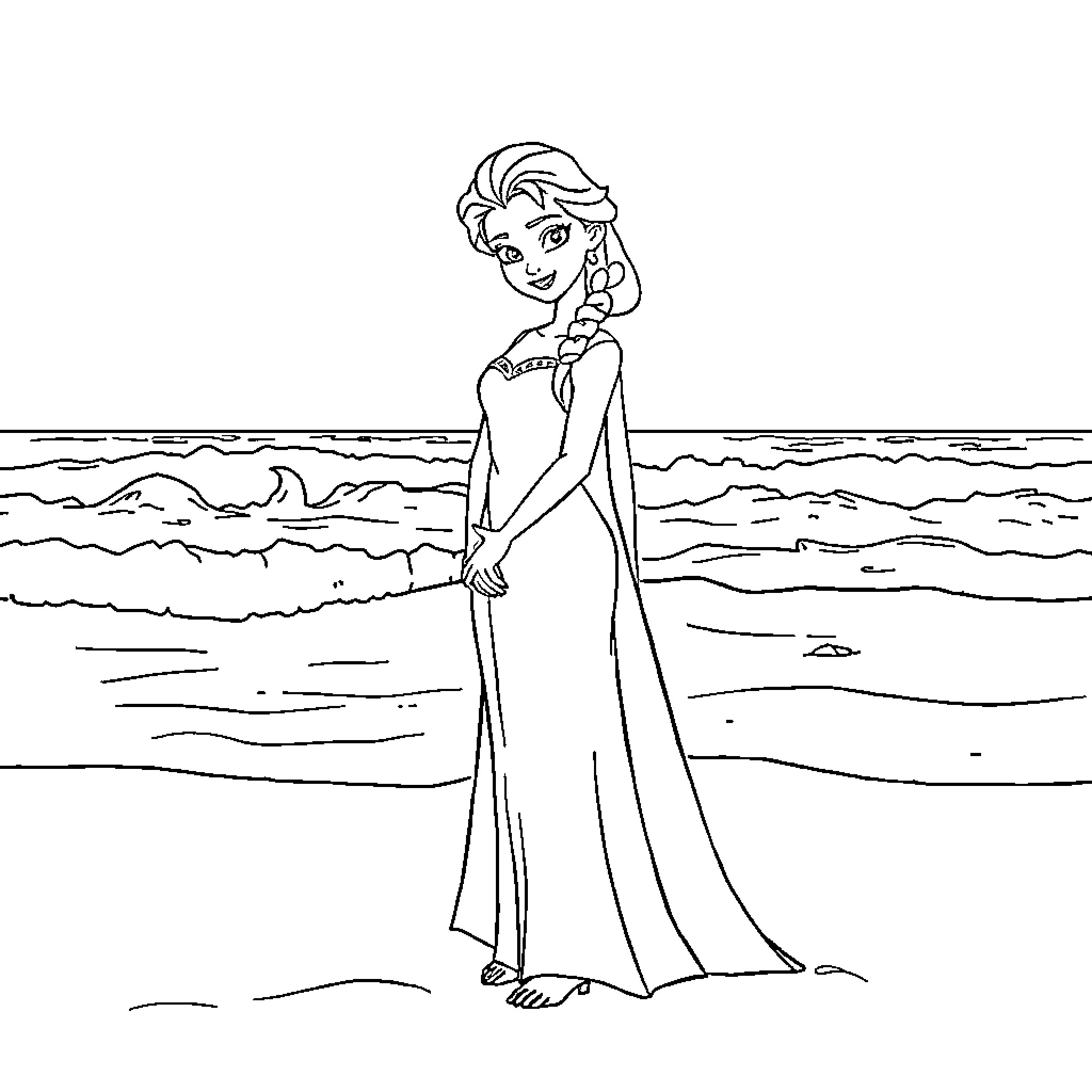 Elsa enjoying a peaceful beach stroll Coloring Page (free black-and-white line drawing printable PDF for all, from beginners to advanced learners, including children, teens, adults, and seniors)