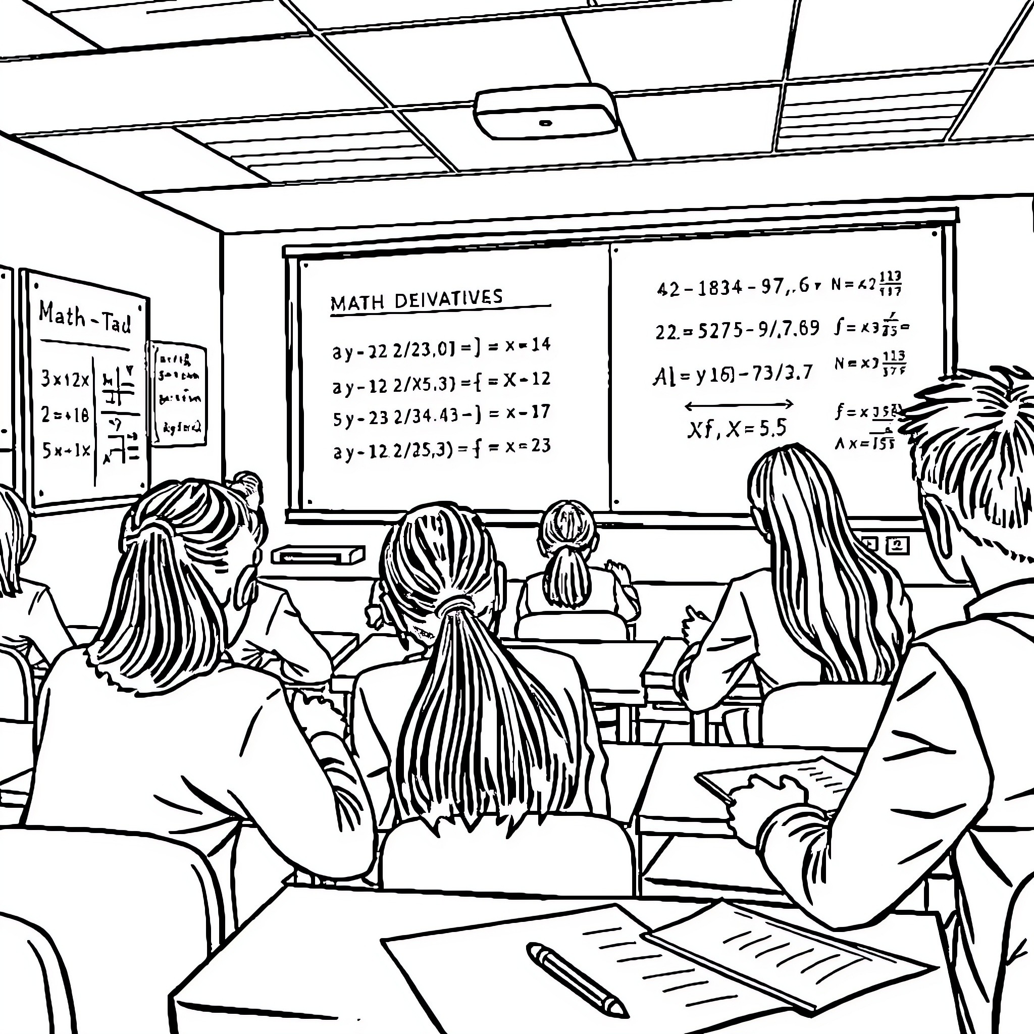 Math Class Lesson Focused on Derivatives Coloring Page (free black-and-white line drawing printable PDF for all, from beginners to advanced learners, including children, teens, adults, and seniors)