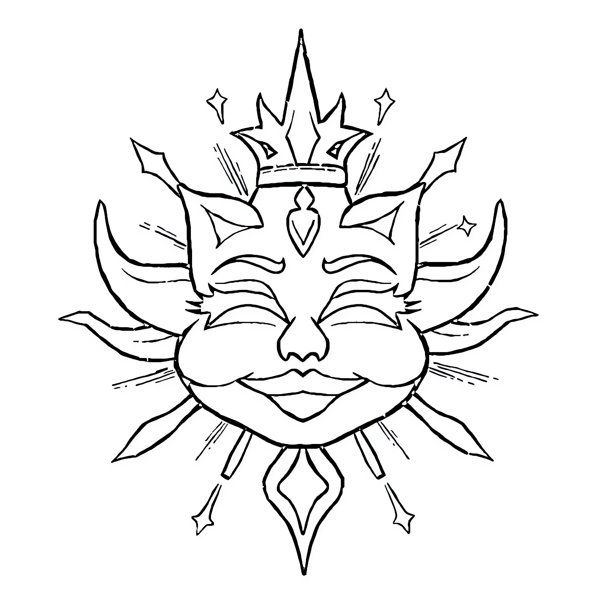 Sigilo - Mystical Sun Emblem with Ornate Design Coloring Page (free black-and-white line drawing printable PDF for all, from beginners to advanced learners, including children, teens, adults, and seniors)