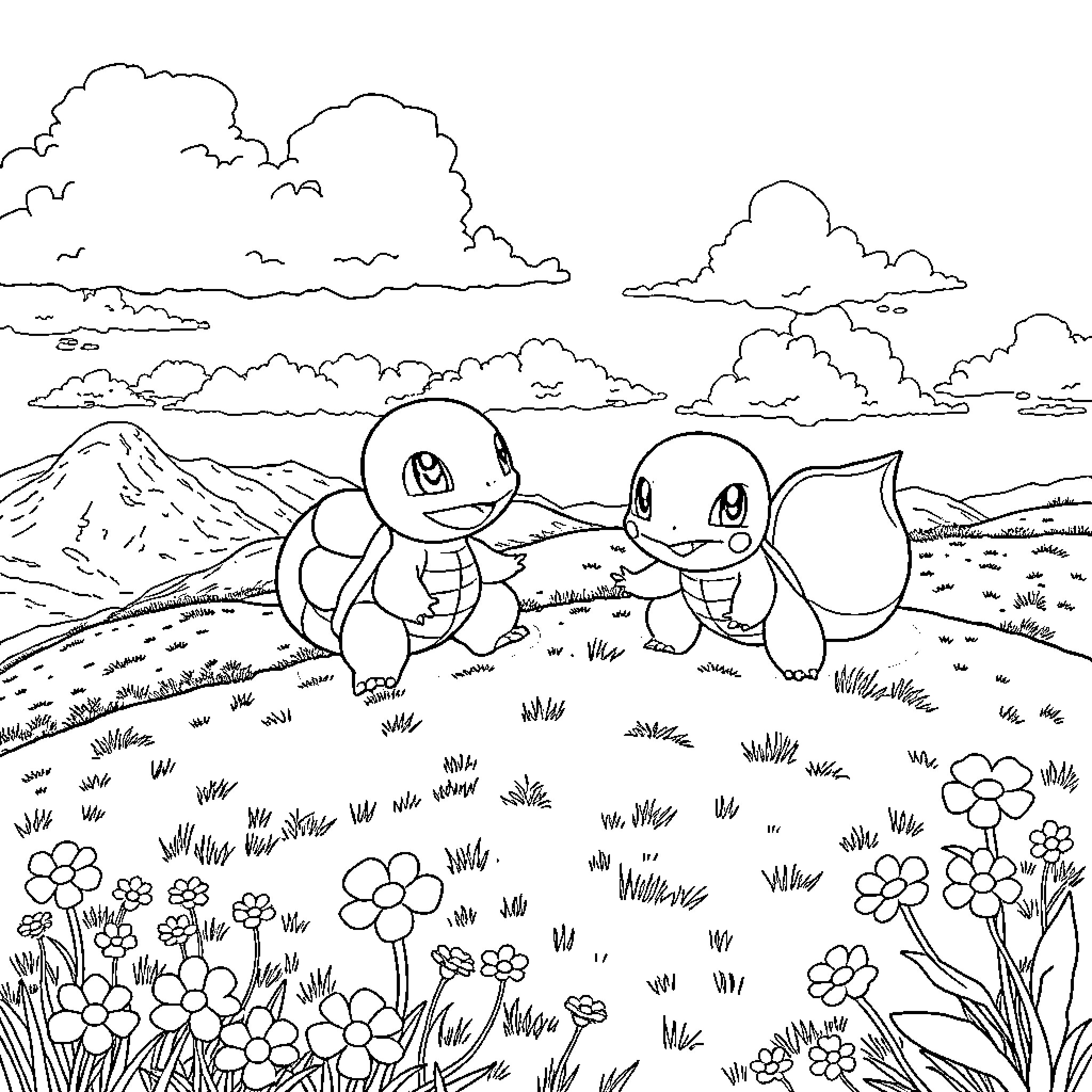 Squirtle and Charmander exploring the mountain landscape Coloring Page (free black-and-white line drawing printable PDF for all, from beginners to advanced learners, including children, teens, adults, and seniors)
