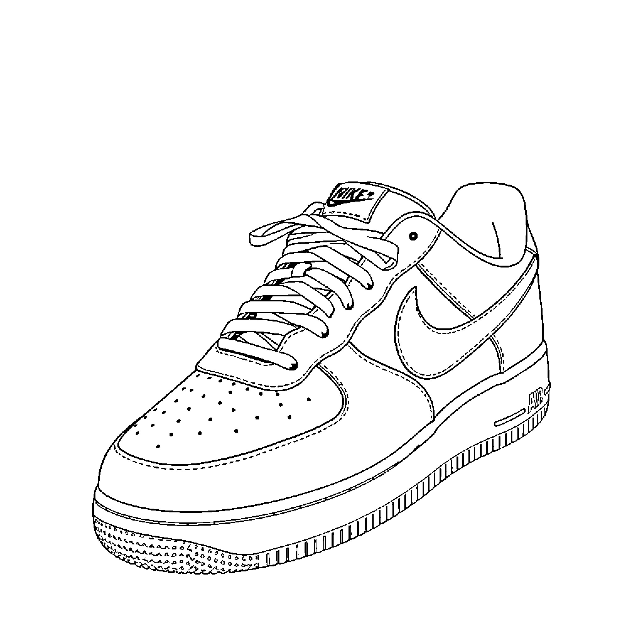 Nike Air Force 1 Sneakers in Outline Coloring Page (free black-and-white line drawing printable PDF for all, from beginners to advanced learners, including children, teens, adults, and seniors)
