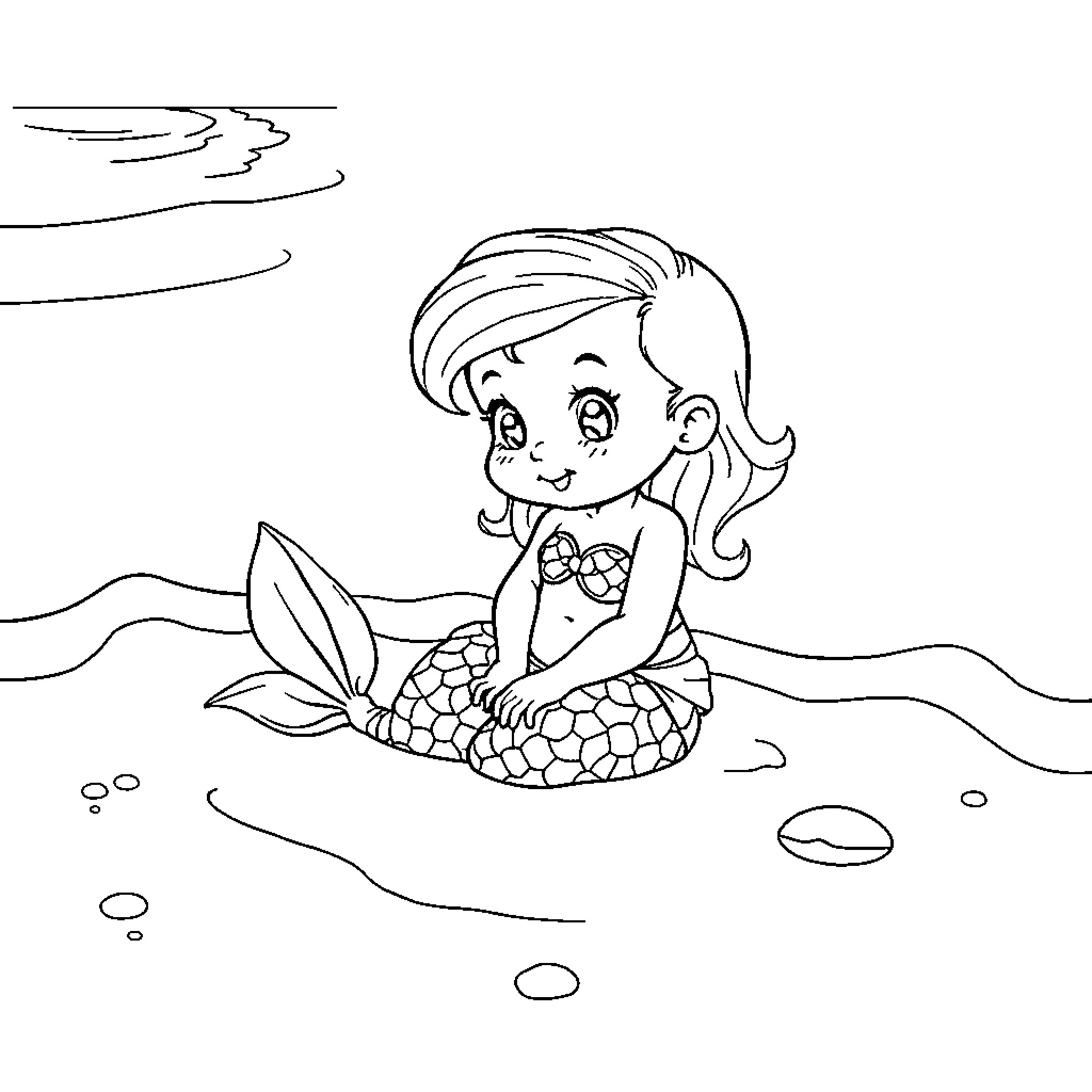 Mermaid enjoying the sea Coloring Page (free black-and-white line drawing printable PDF for all, from beginners to advanced learners, including children, teens, adults, and seniors)