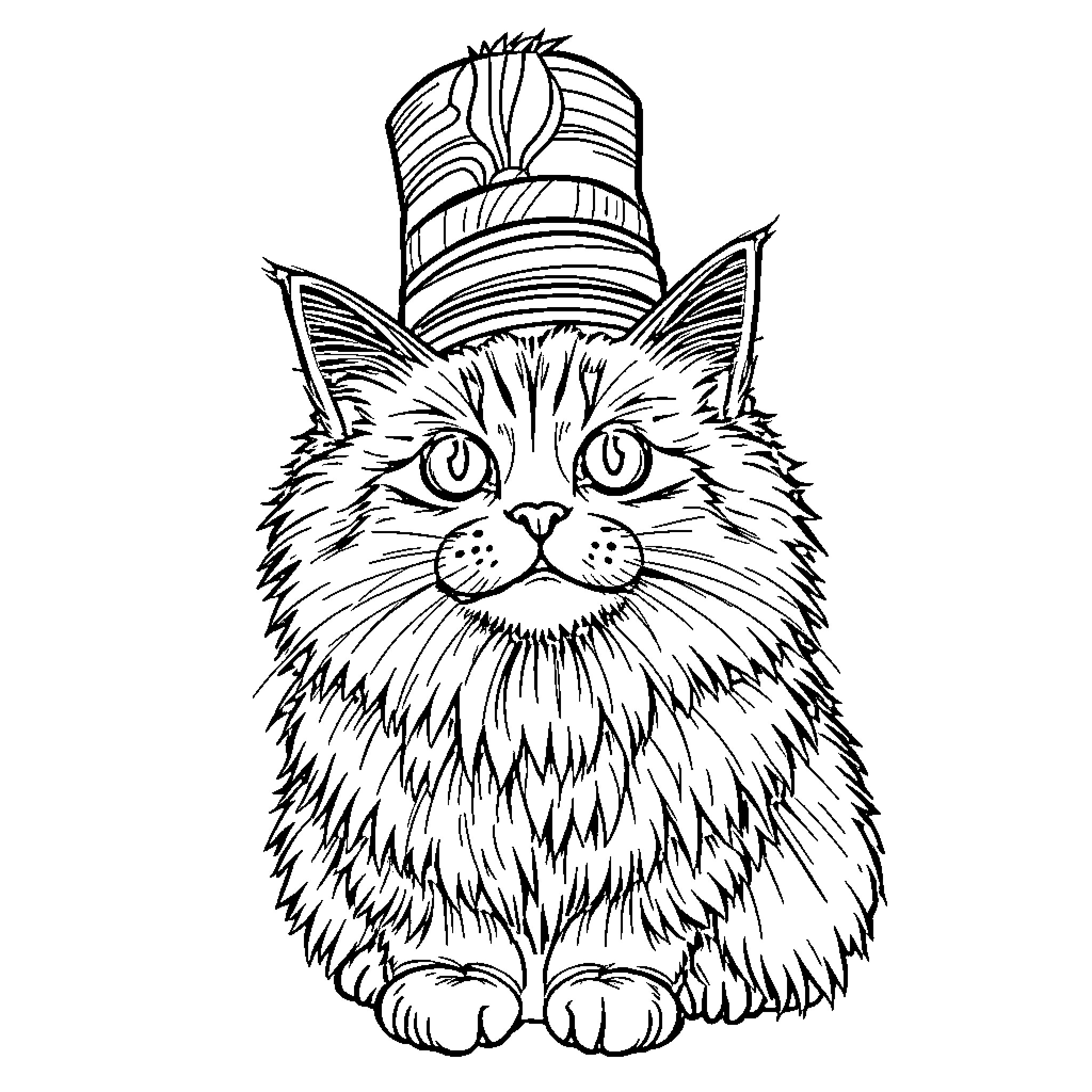 Cat in a Fancy Hat Coloring Page (free black-and-white line drawing printable PDF for all, from beginners to advanced learners, including children, teens, adults, and seniors)