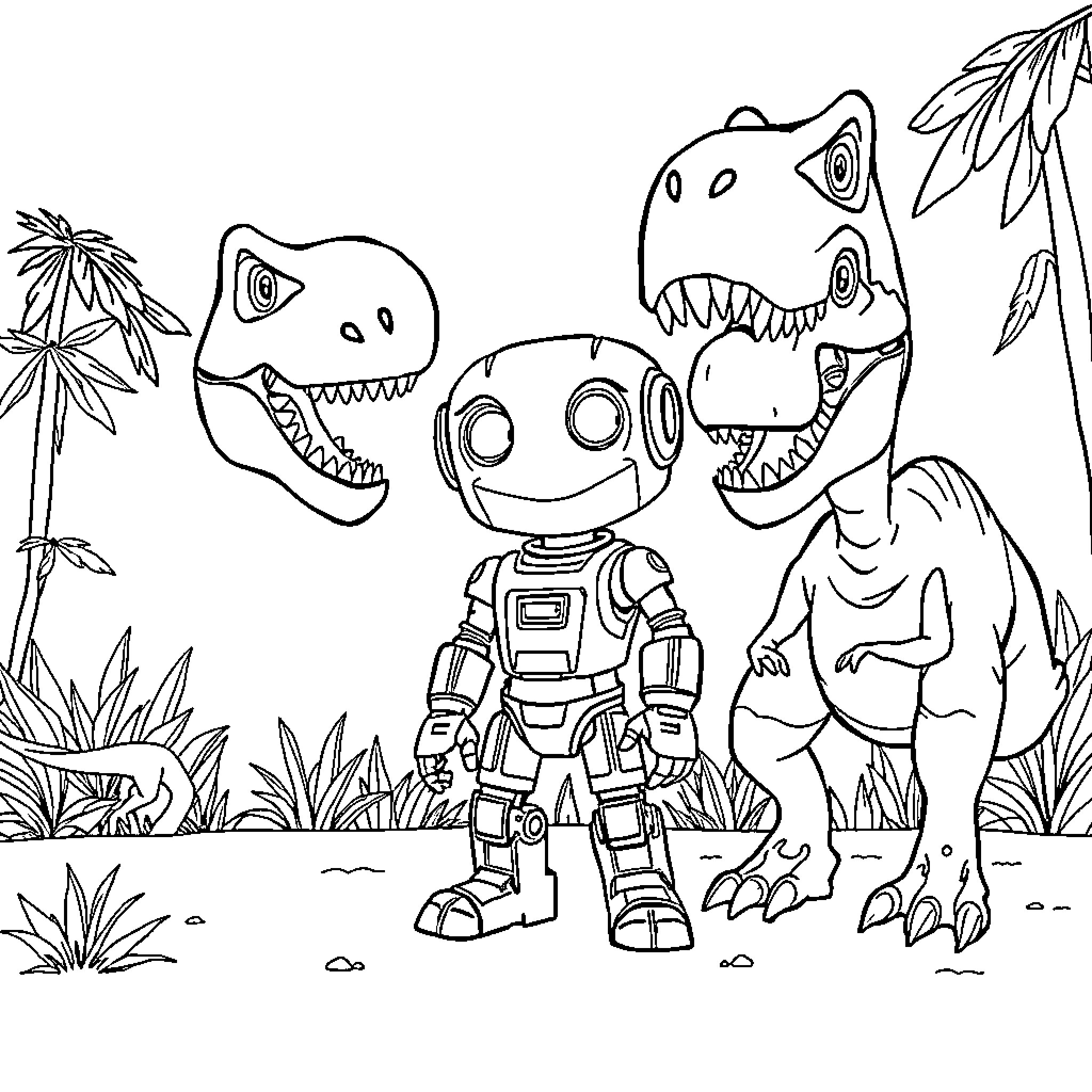 Robot explores the jungle with dinosaurs Coloring Page (free black-and-white line drawing printable PDF for all, from beginners to advanced learners, including children, teens, adults, and seniors)