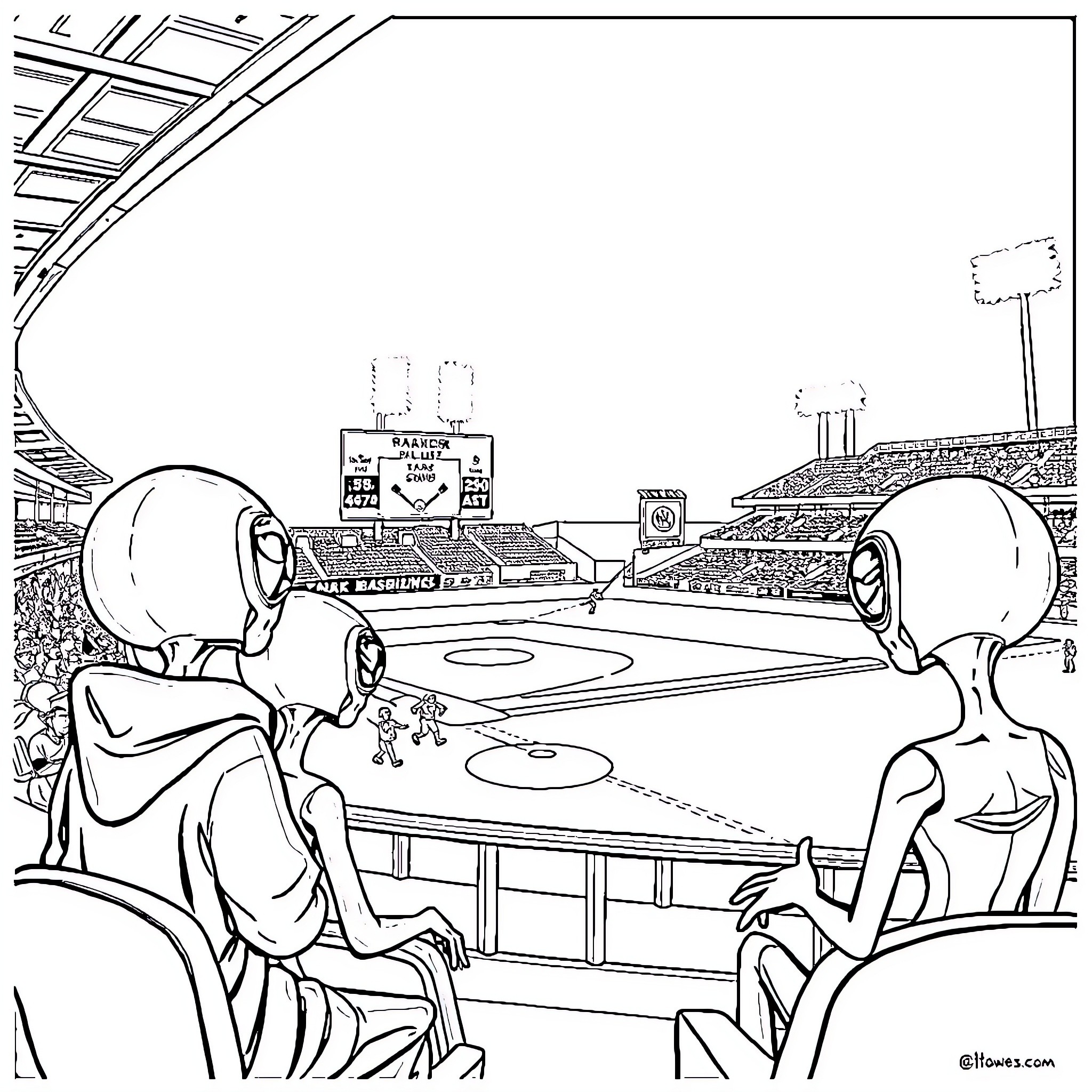 Alien spectators watch sporting event in stadium Coloring Page (free black-and-white line drawing printable PDF for all, from beginners to advanced learners, including children, teens, adults, and seniors)