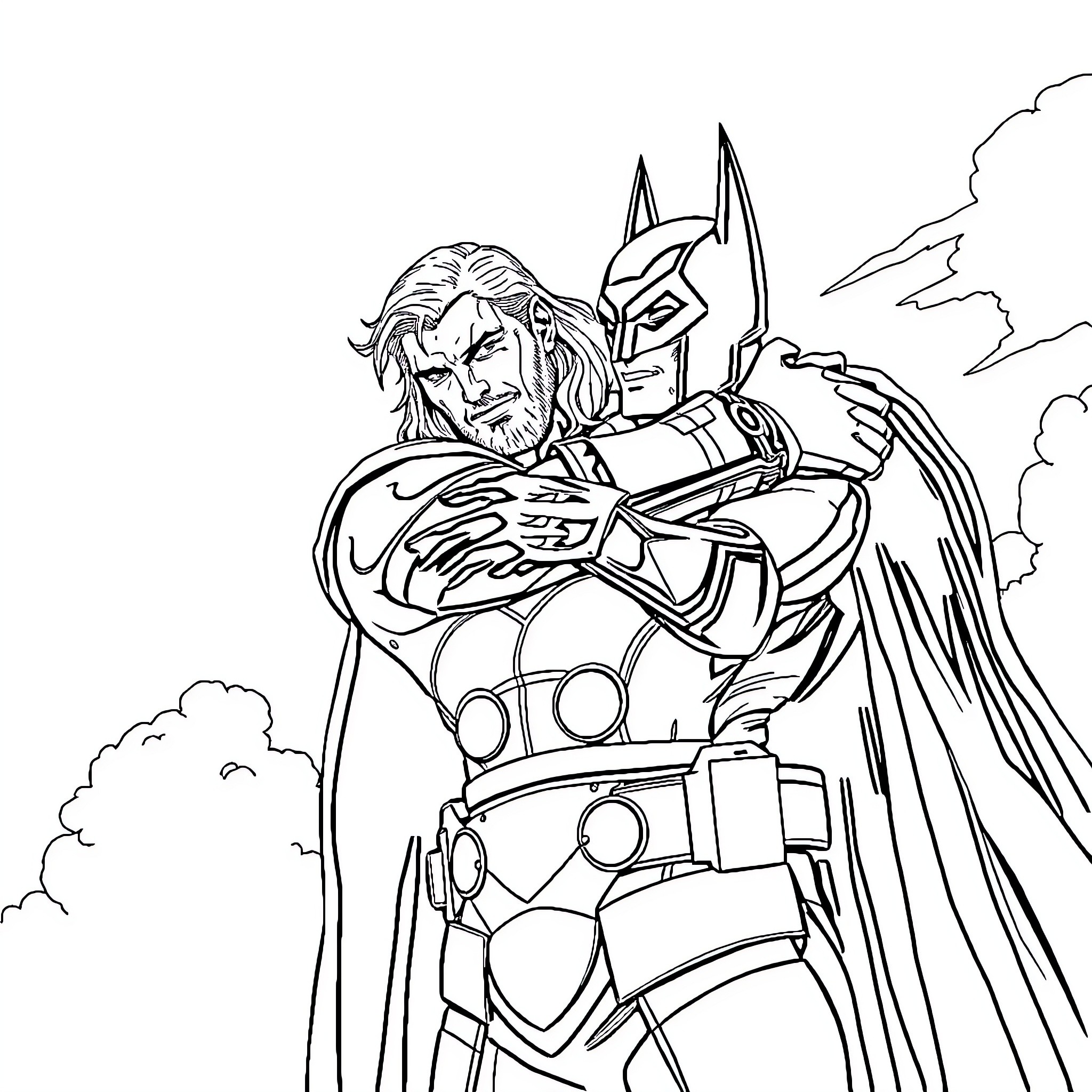 Thor's Heroic Battle Stance in Cloudy Skies Coloring Page (free black-and-white line drawing printable PDF for all, from beginners to advanced learners, including children, teens, adults, and seniors)