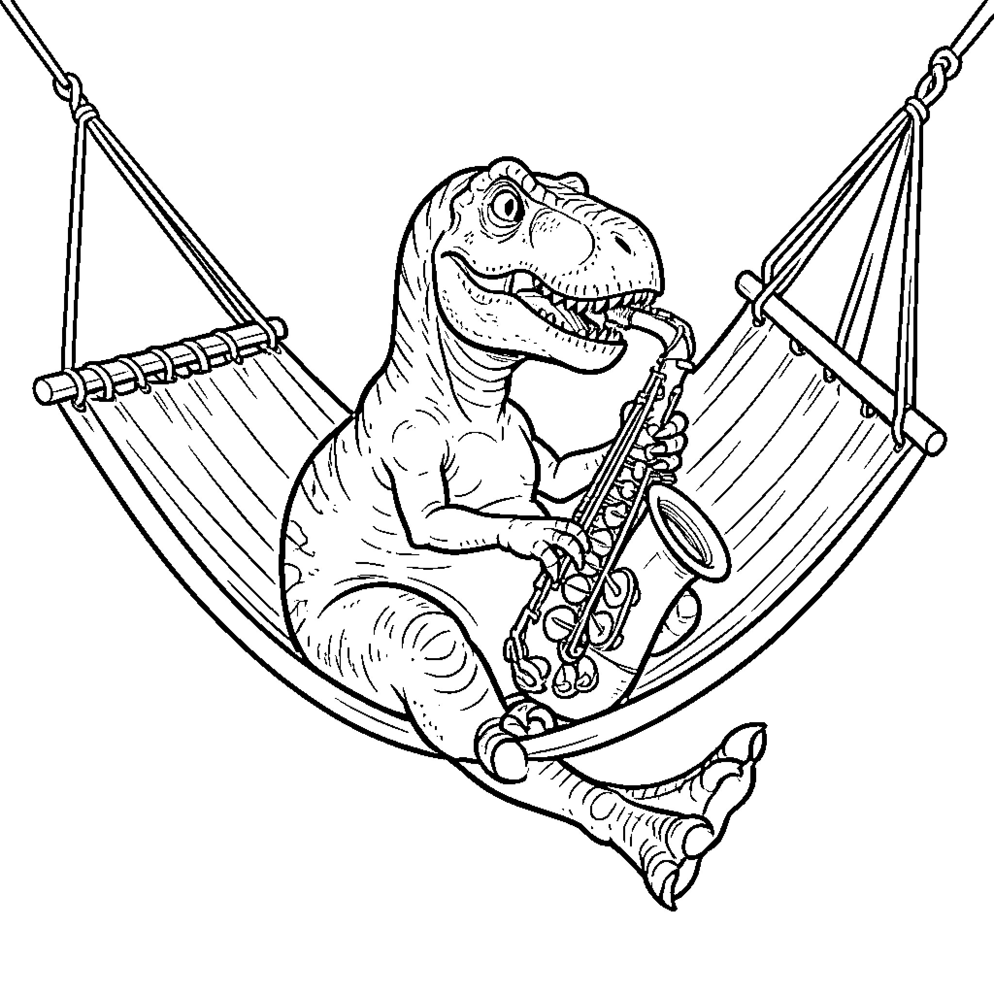 T-Rex Relaxing and Playing Saxophone in Hammock Coloring Page (free black-and-white line drawing printable PDF for all, from beginners to advanced learners, including children, teens, adults, and seniors)