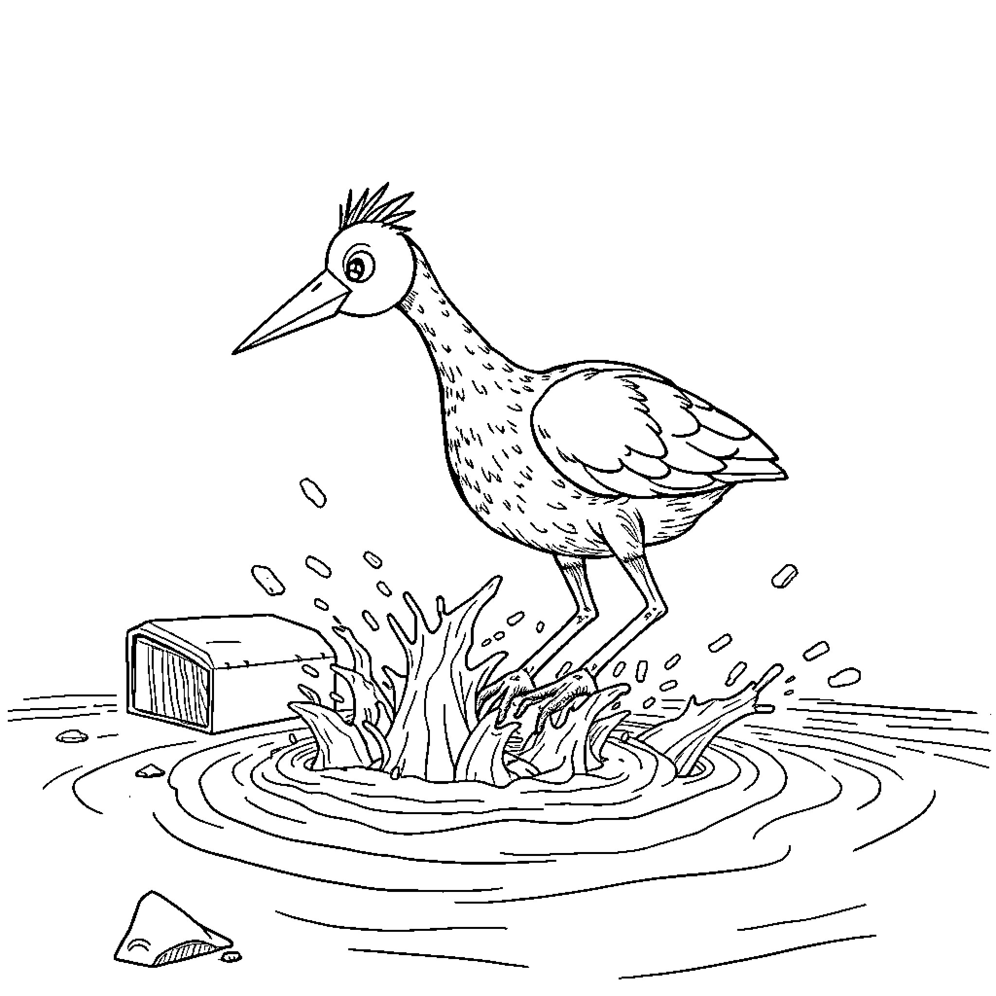 Crane splashing in water Coloring Page (free black-and-white line drawing printable PDF for all, from beginners to advanced learners, including children, teens, adults, and seniors)