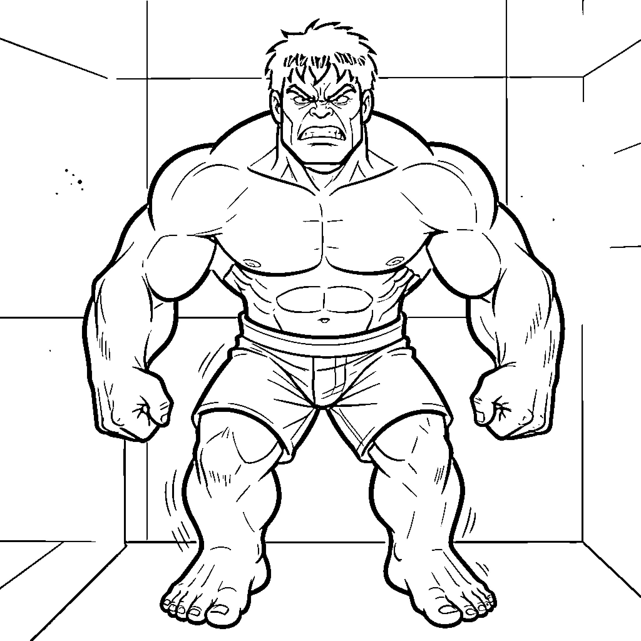 Hulk standing with a fierce and angry expression Coloring Page (free black-and-white line drawing printable PDF for all, from beginners to advanced learners, including children, teens, adults, and seniors)