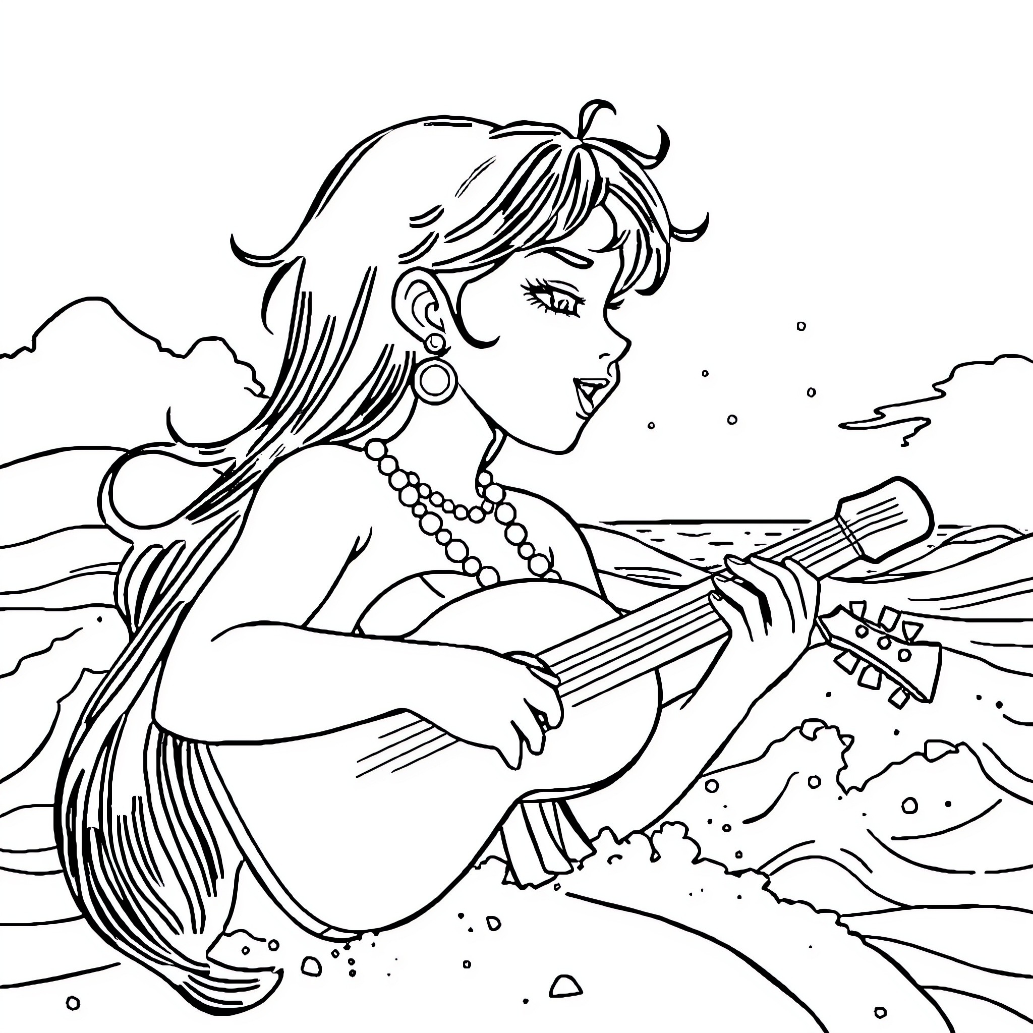 Nezuko playing guitar by the sea Coloring Page (free black-and-white line drawing printable PDF for all, from beginners to advanced learners, including children, teens, adults, and seniors)
