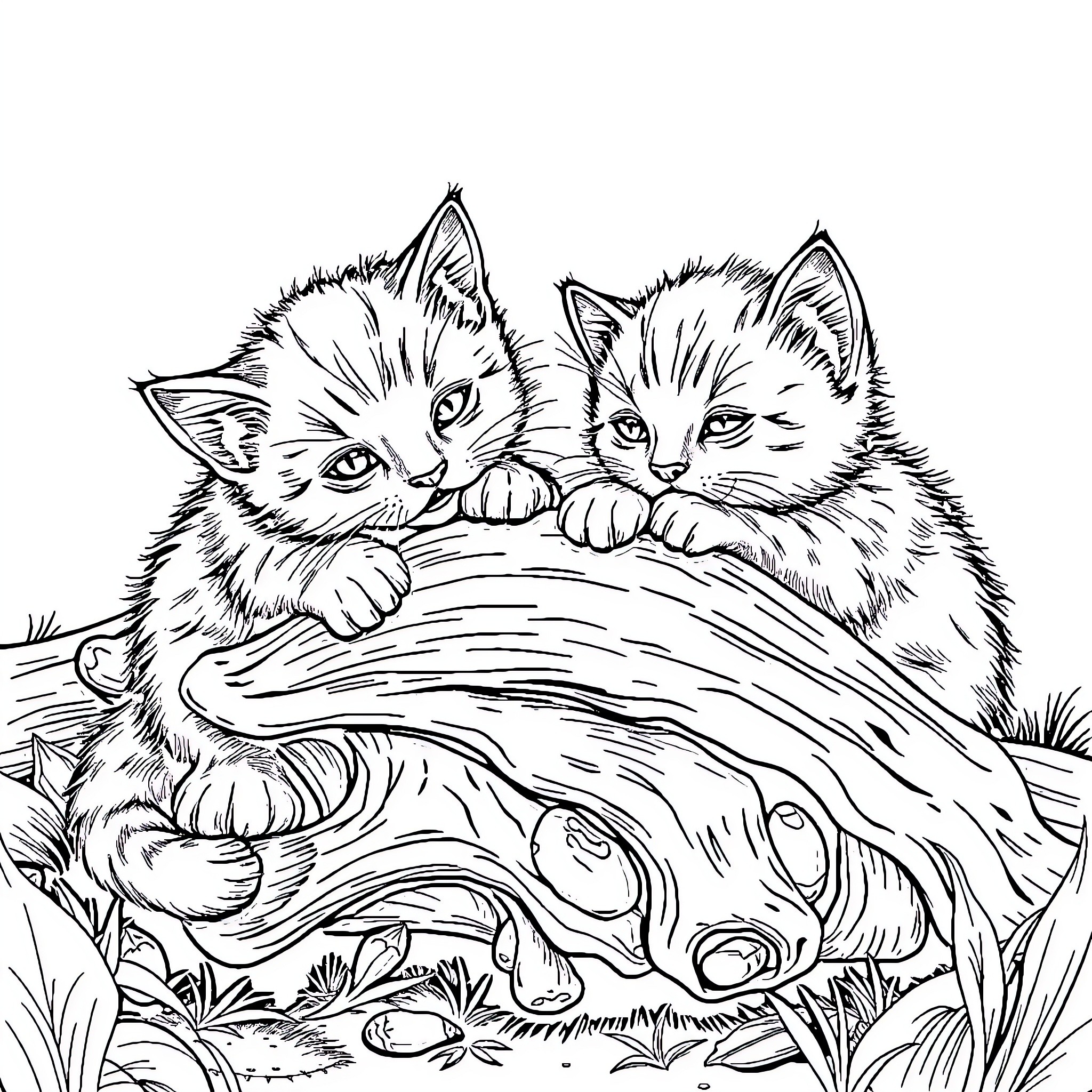 Kittens peeking curiously from behind a log Coloring Page (free black-and-white line drawing printable PDF for all, from beginners to advanced learners, including children, teens, adults, and seniors)