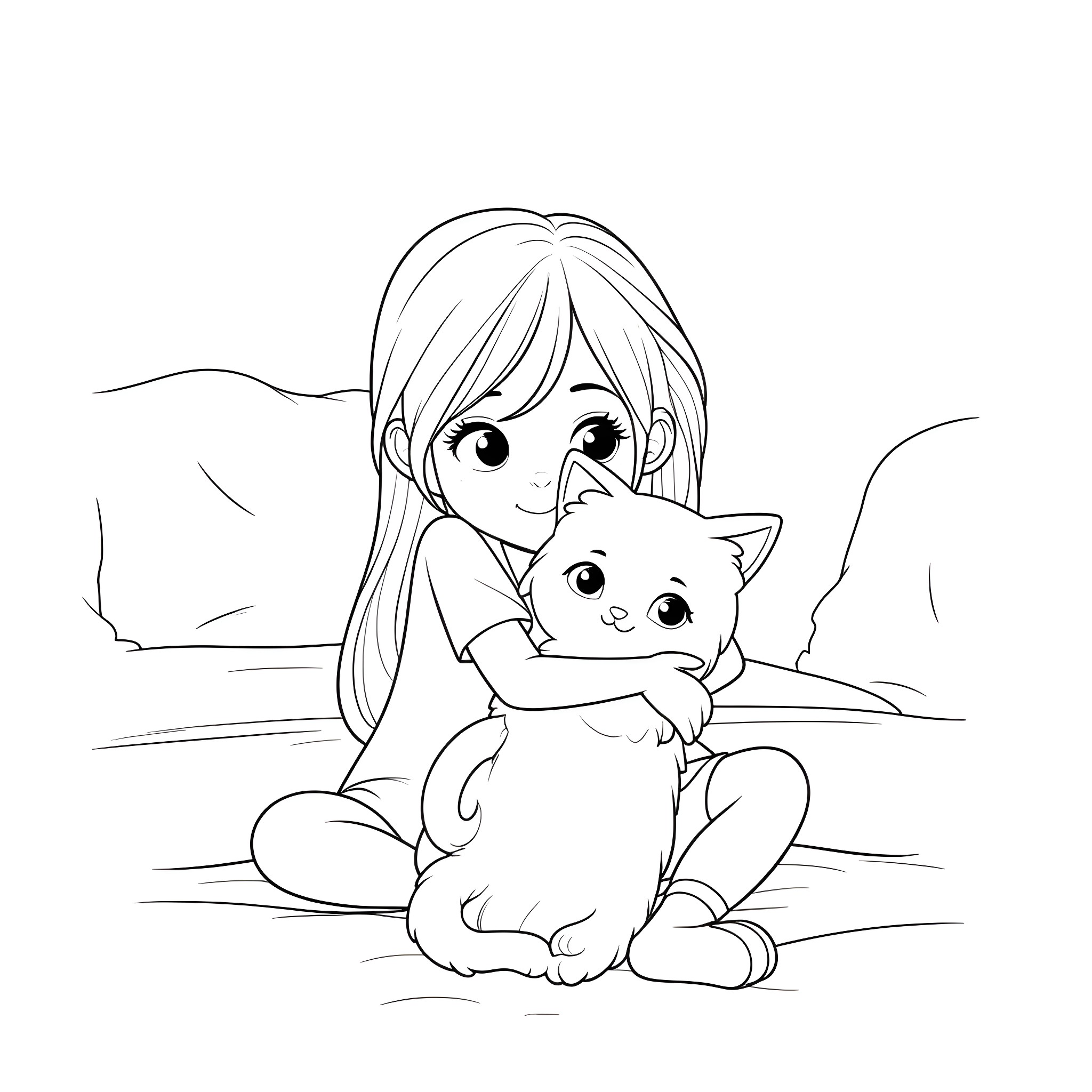Gabby's Gentle Embrace with Adorable Kitten Coloring Page (free black-and-white line drawing printable PDF for all, from beginners to advanced learners, including children, teens, adults, and seniors)
