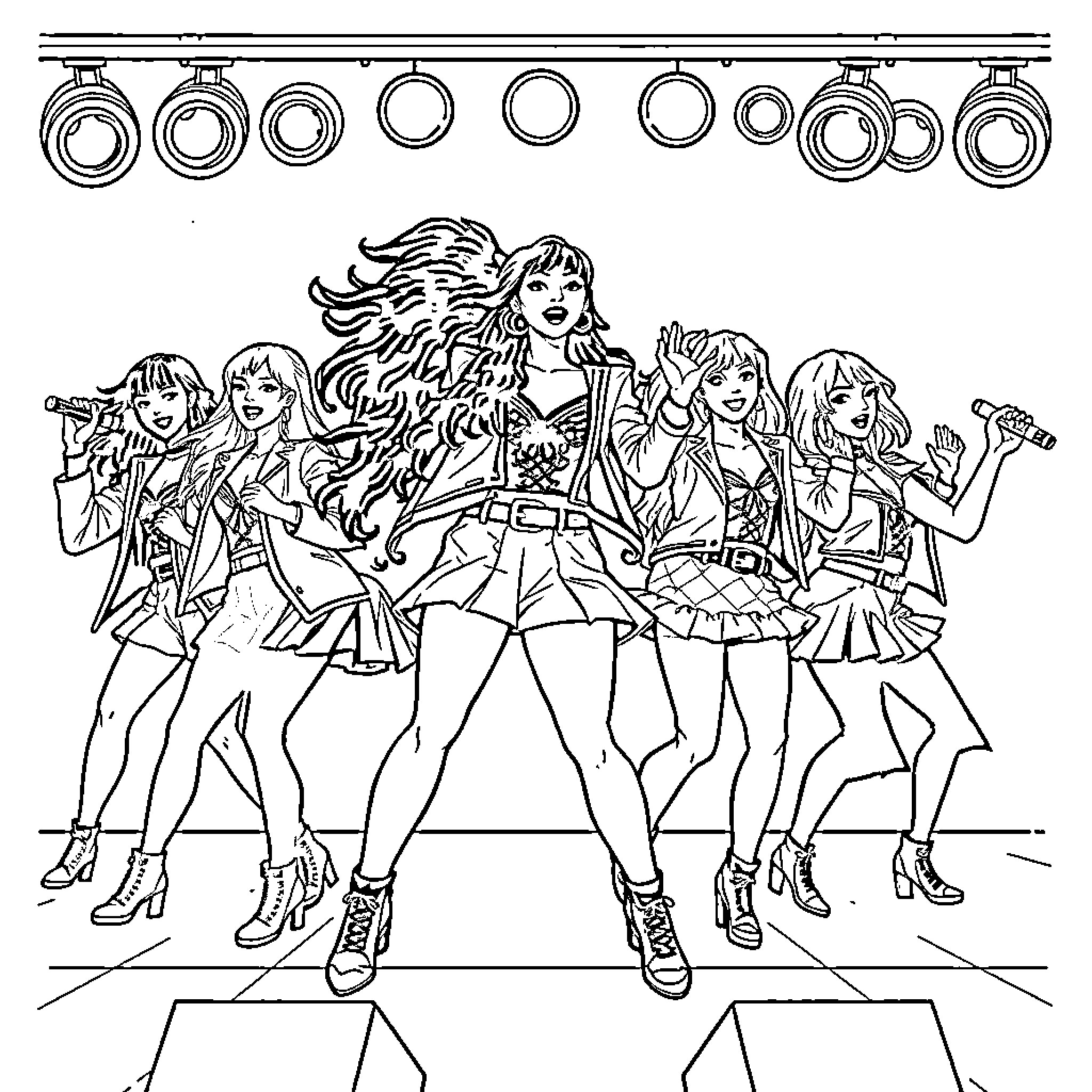 K Pop Warrior Performers Strike Dramatic Poses Coloring Page (free black-and-white line drawing printable PDF for all, from beginners to advanced learners, including children, teens, adults, and seniors)