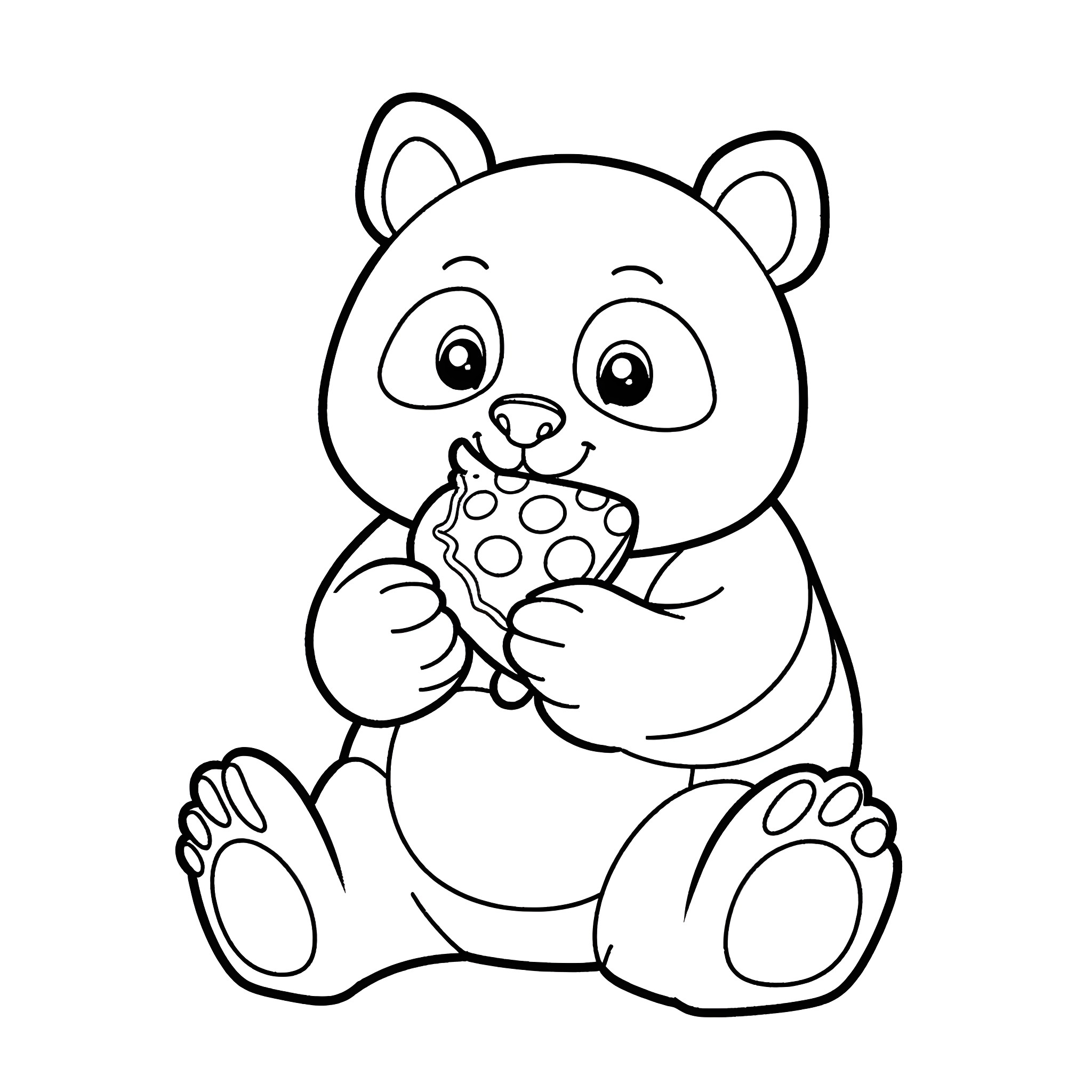 Panda eating a cookie happily Coloring Page (free black-and-white line drawing printable PDF for all, from beginners to advanced learners, including children, teens, adults, and seniors)
