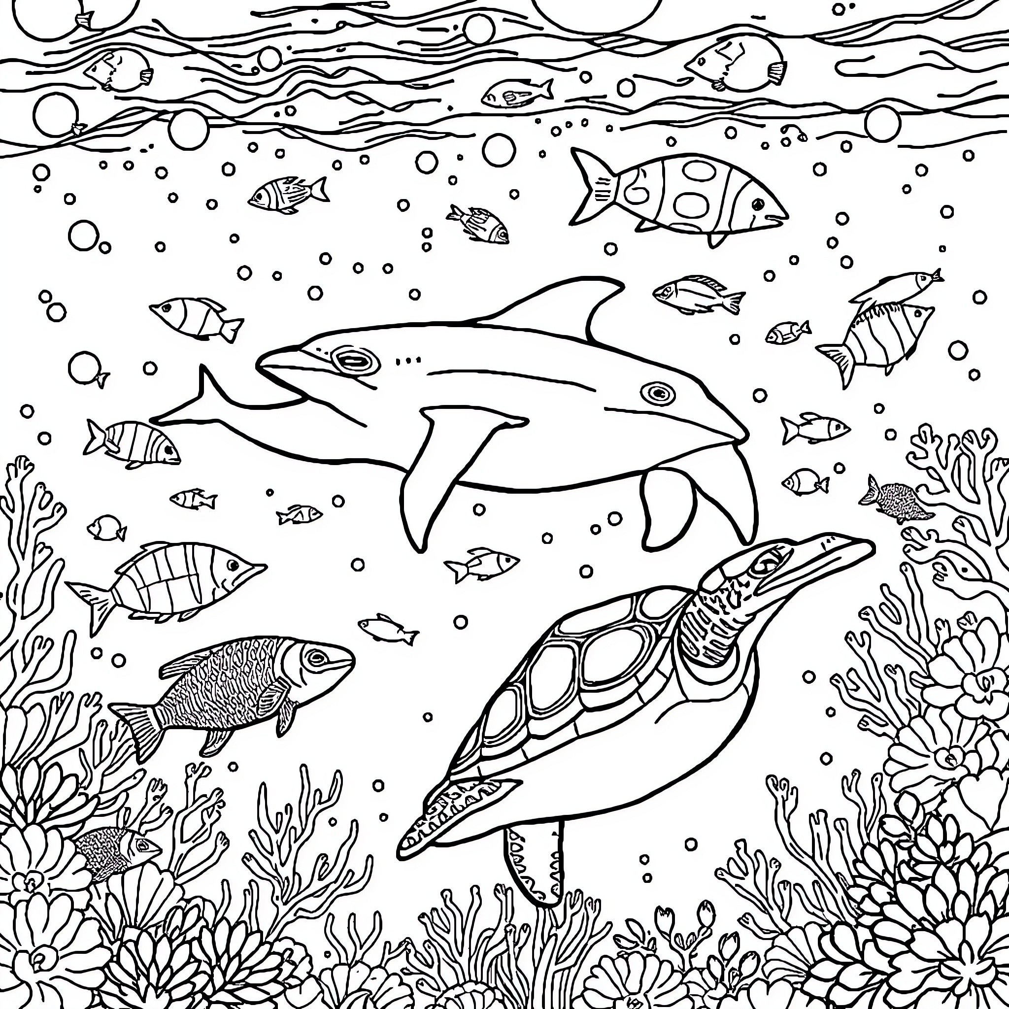 Sea Creature Underwater World with Diverse Marine Life Coloring Page (free black-and-white line drawing printable PDF for all, from beginners to advanced learners, including children, teens, adults, and seniors)