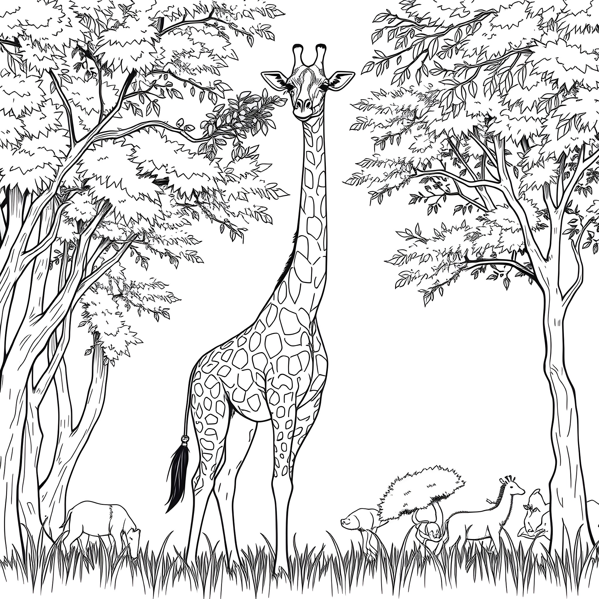 Giraffe observing animals in lush jungle Coloring Page (free black-and-white line drawing printable PDF for all, from beginners to advanced learners, including children, teens, adults, and seniors)