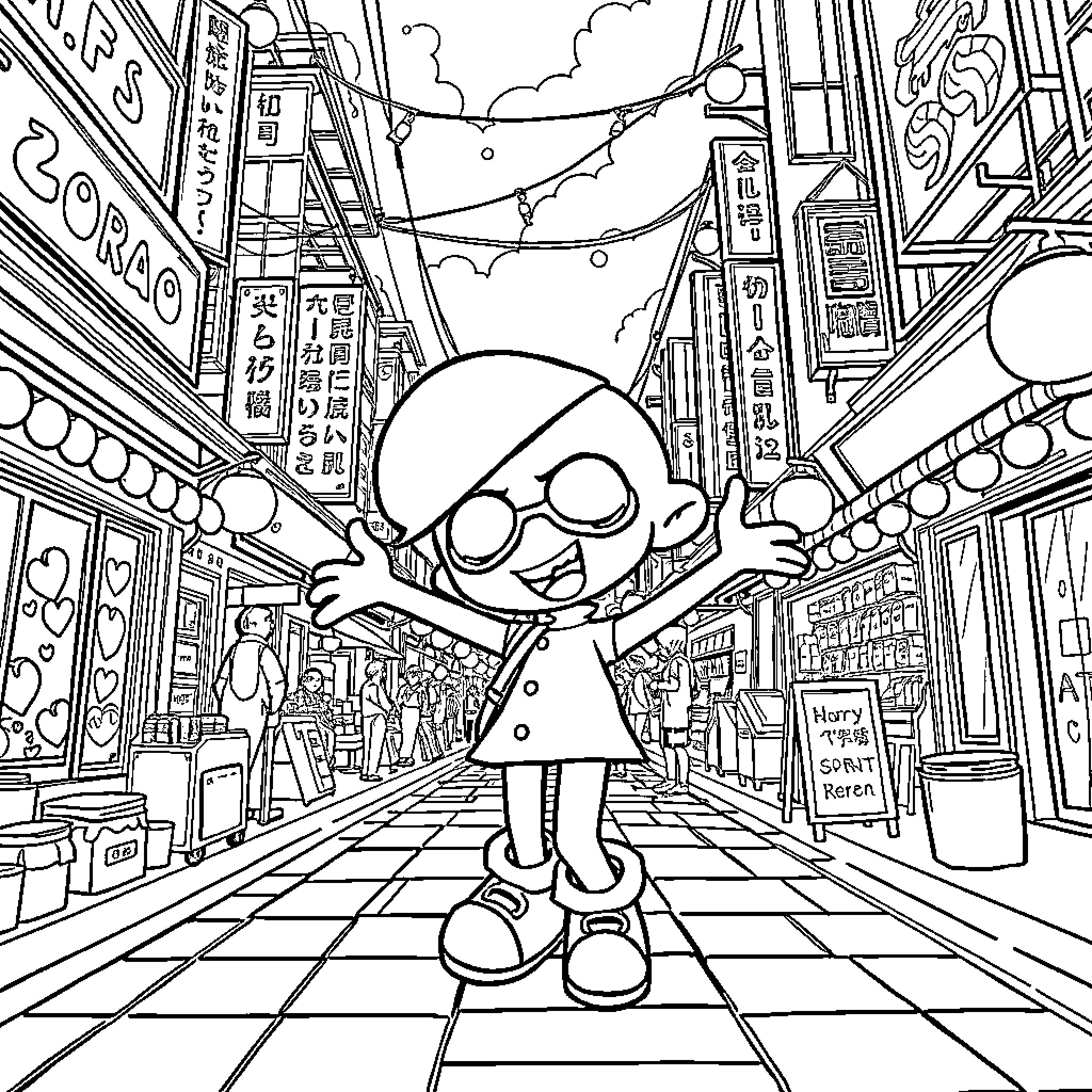 Inkling exploring the bustling city street Coloring Page (free black-and-white line drawing printable PDF for all, from beginners to advanced learners, including children, teens, adults, and seniors)