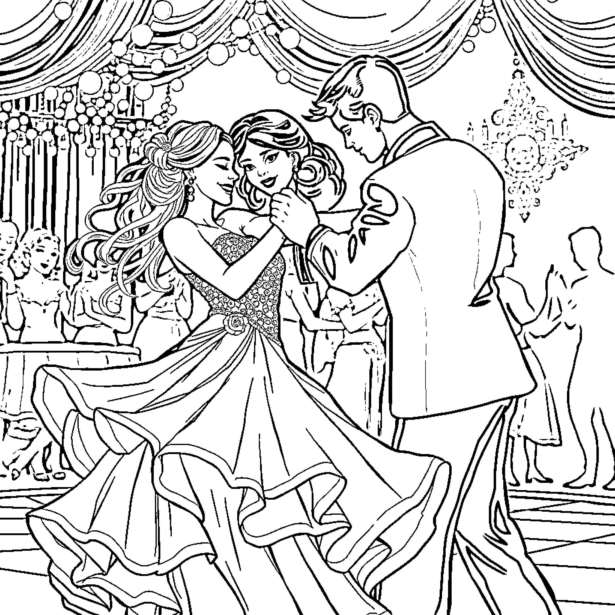 Snow White and Prince Charming dancing at the ball Coloring Page (free black-and-white line drawing printable PDF for all, from beginners to advanced learners, including children, teens, adults, and seniors)