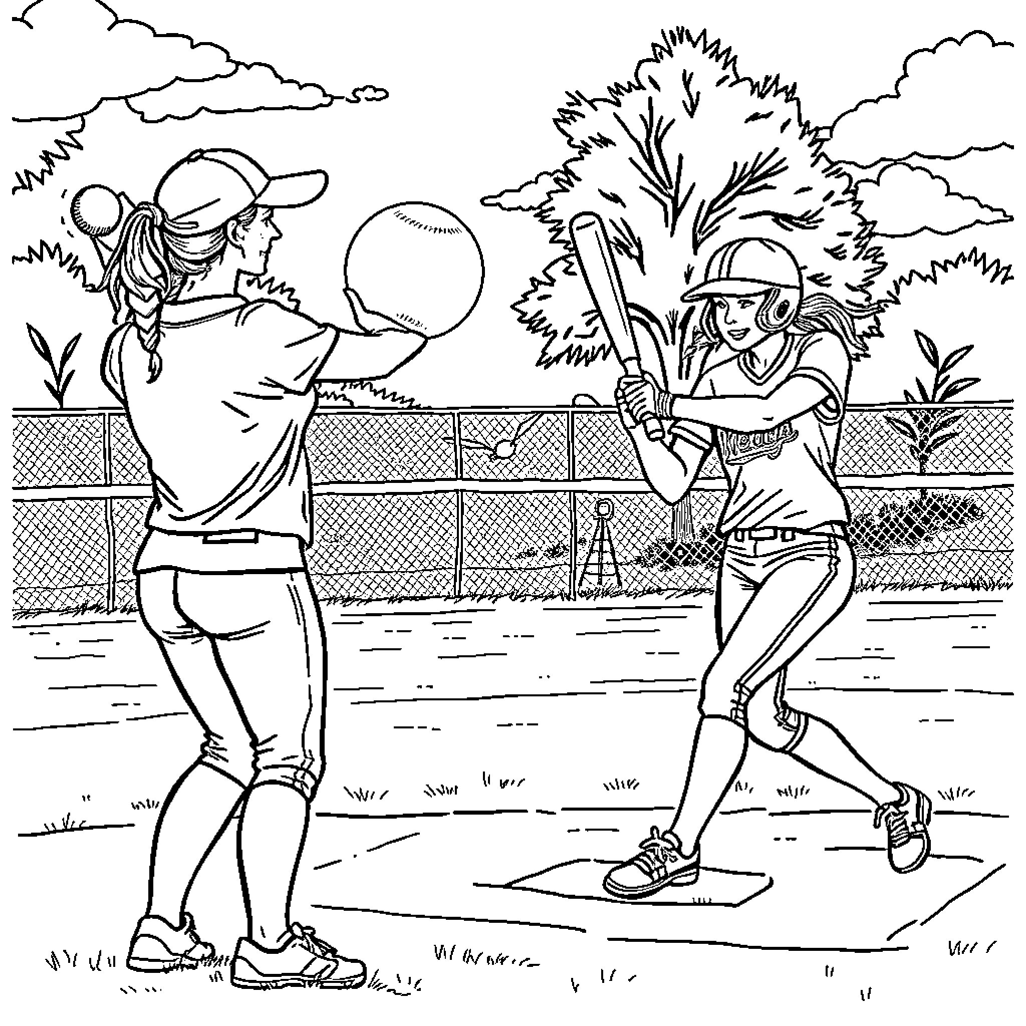 Softball players engaged in an intense game Coloring Page (free black-and-white line drawing printable PDF for all, from beginners to advanced learners, including children, teens, adults, and seniors)