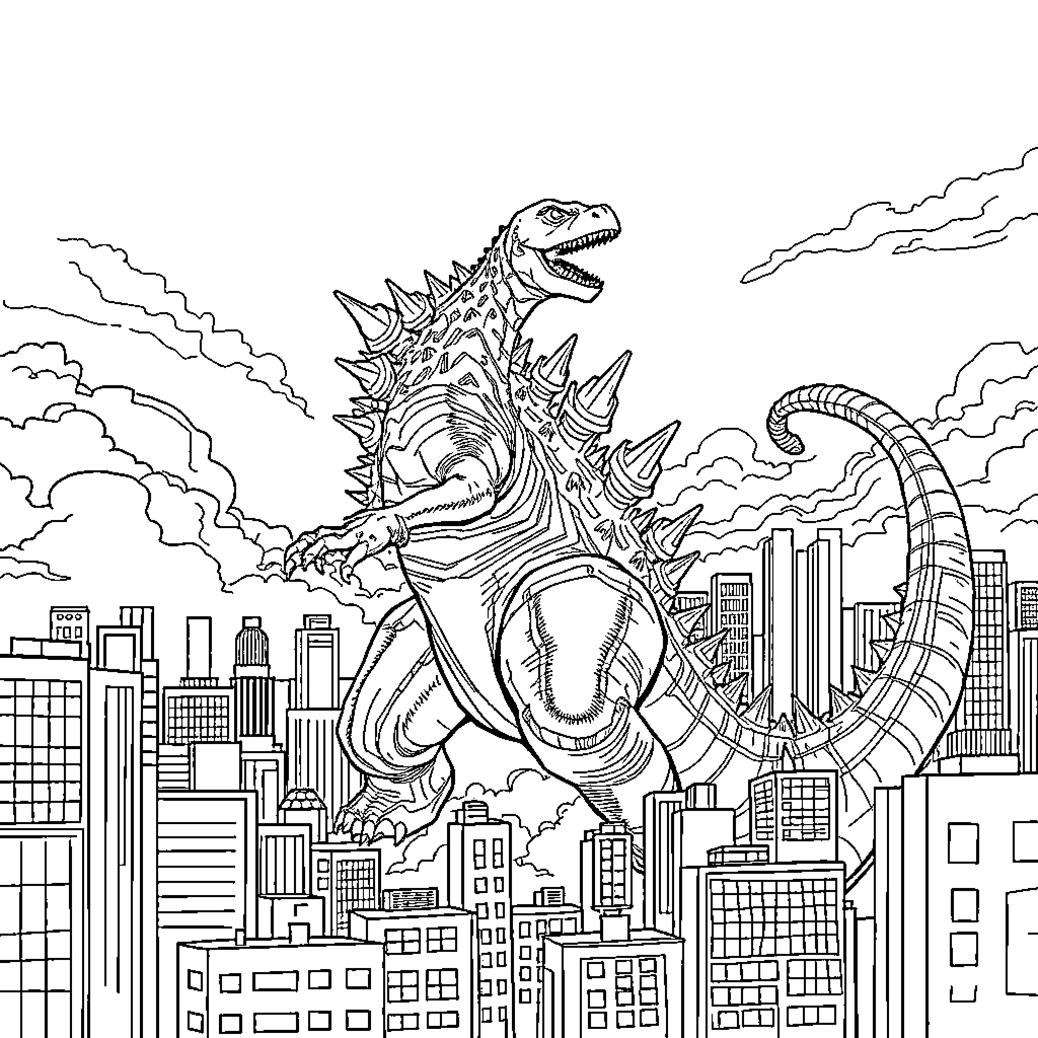 Godzilla rampaging through the city Coloring Page (free black-and-white line drawing printable PDF for all, from beginners to advanced learners, including children, teens, adults, and seniors)
