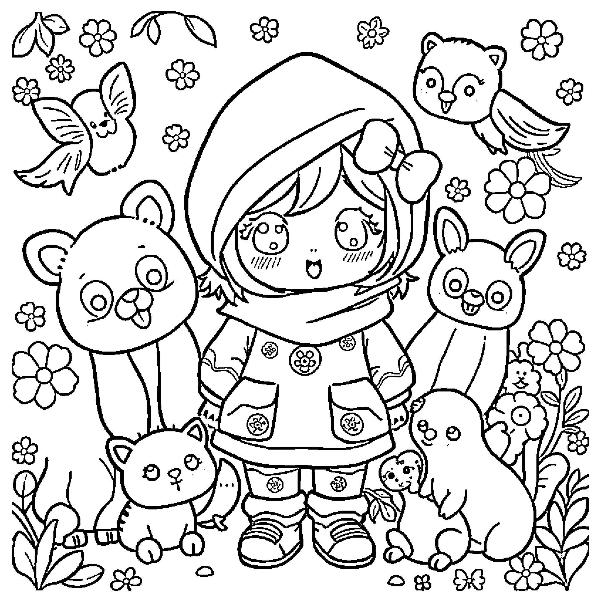 Rumi's Whimsical Woodland Adventure Coloring Page (free black-and-white line drawing printable PDF for all, from beginners to advanced learners, including children, teens, adults, and seniors)