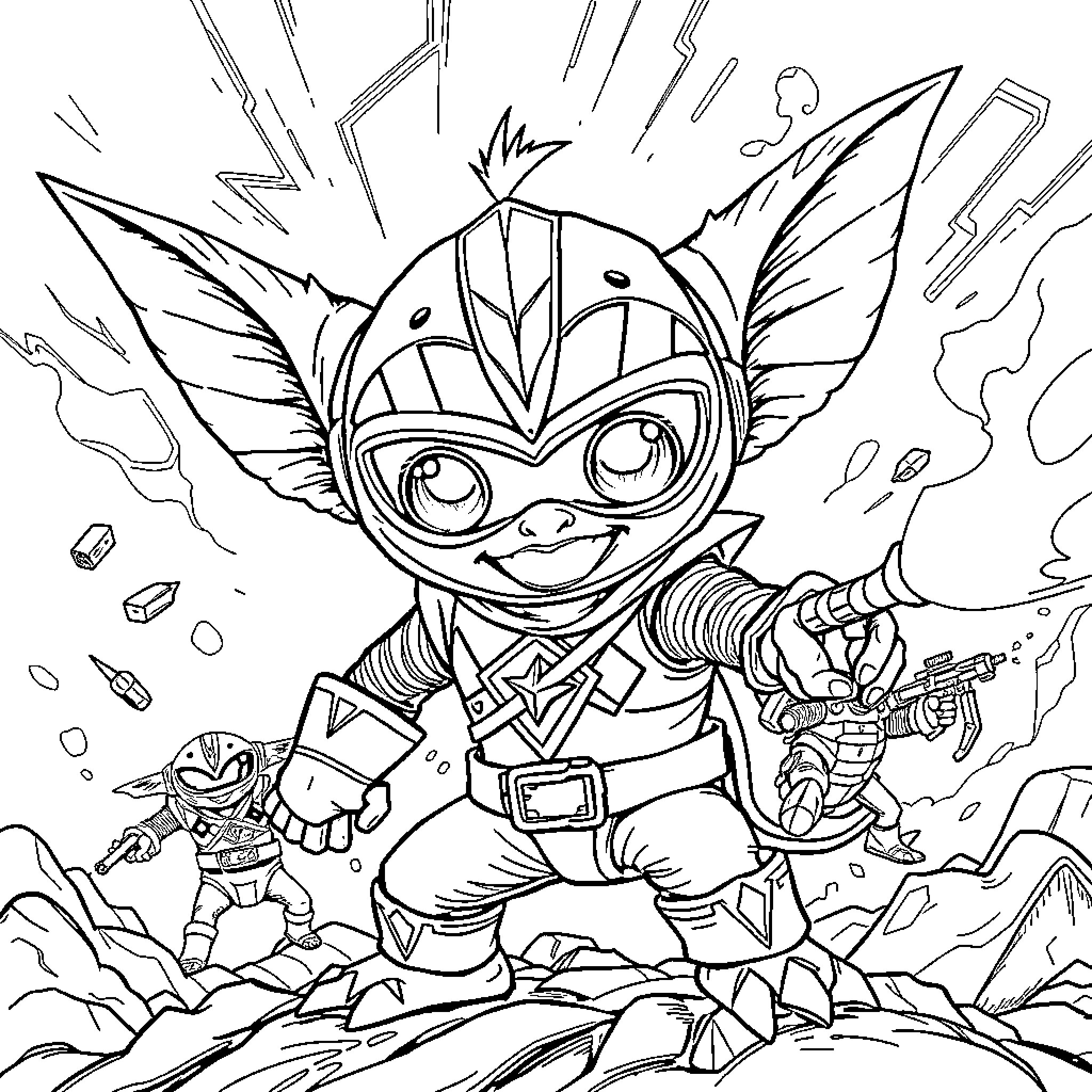 Gizmo the Superhero on a Heroic Mission Coloring Page (free black-and-white line drawing printable PDF for all, from beginners to advanced learners, including children, teens, adults, and seniors)