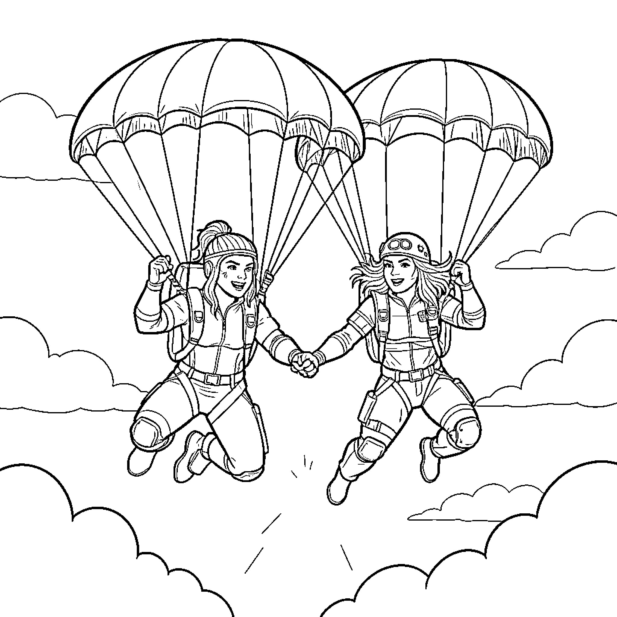 Rhea Ripley skydiving joyfully while holding hands Coloring Page (free black-and-white line drawing printable PDF for all, from beginners to advanced learners, including children, teens, adults, and seniors)