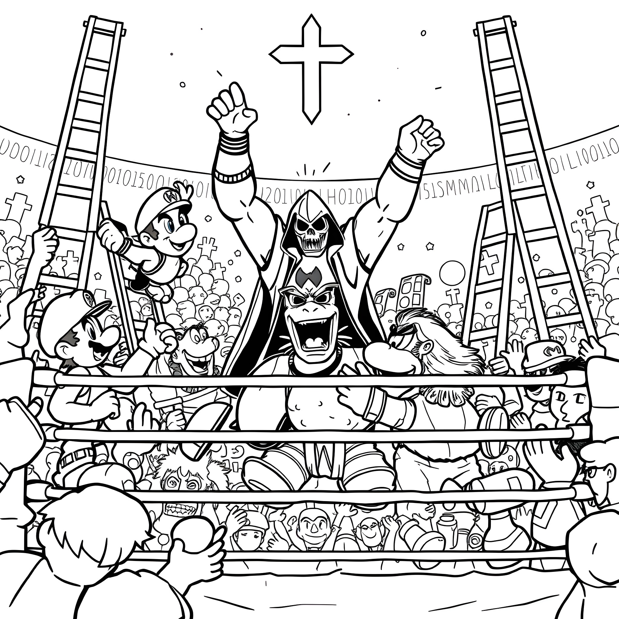 Wrestler's Dramatic Showdown in a Chaotic Arena Coloring Page (free black-and-white line drawing printable PDF for all, from beginners to advanced learners, including children, teens, adults, and seniors)