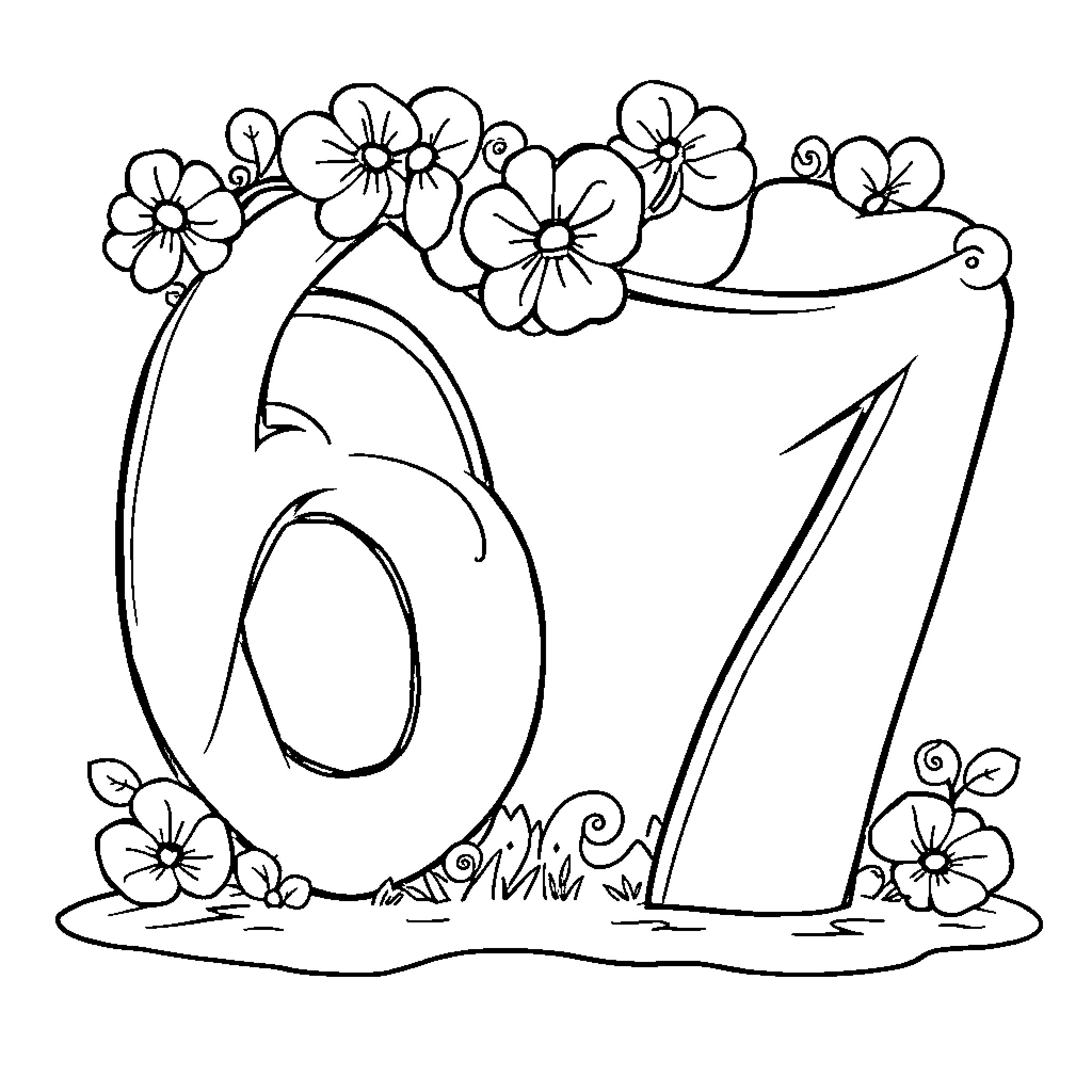 Number 7 surrounded by floral design Coloring Page (free black-and-white line drawing printable PDF for all, from beginners to advanced learners, including children, teens, adults, and seniors)