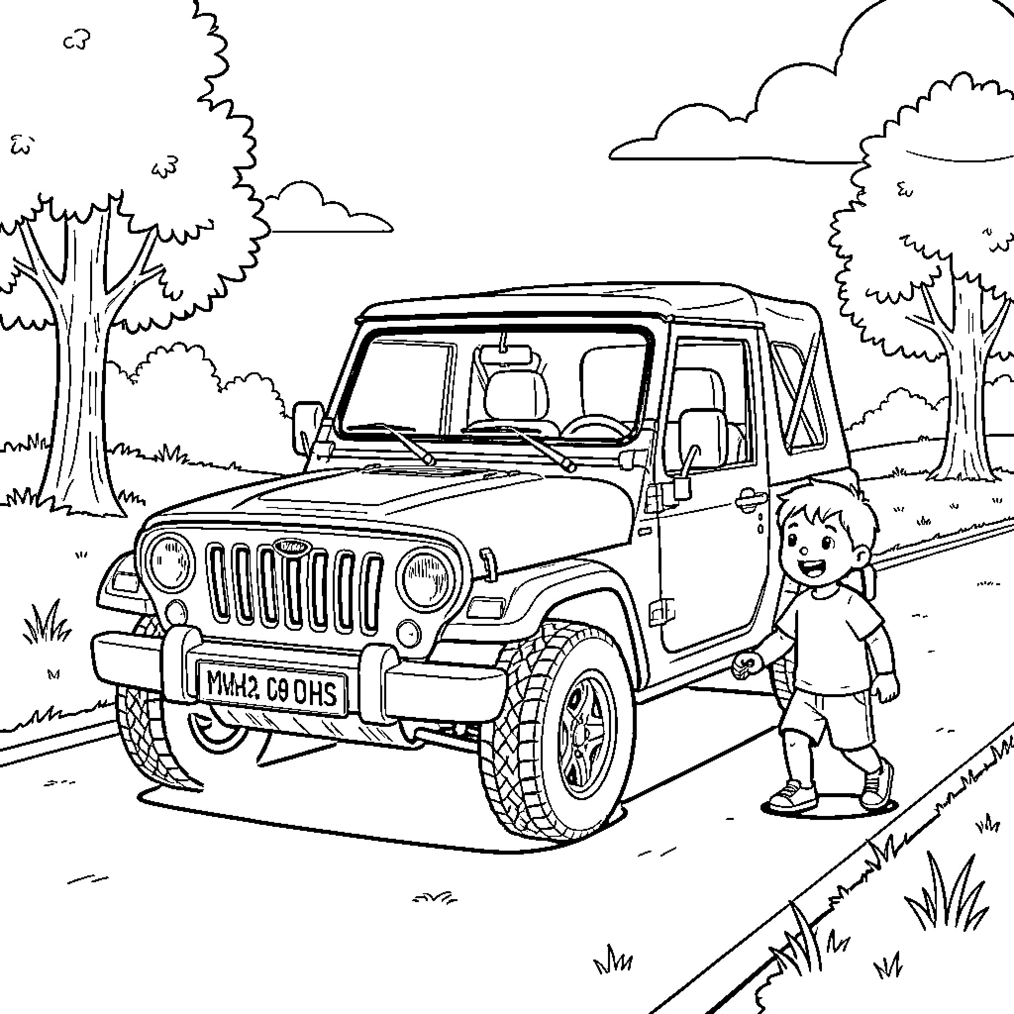 Mahindra Thar parked near a happy smiling boy Coloring Page (free black-and-white line drawing printable PDF for all, from beginners to advanced learners, including children, teens, adults, and seniors)