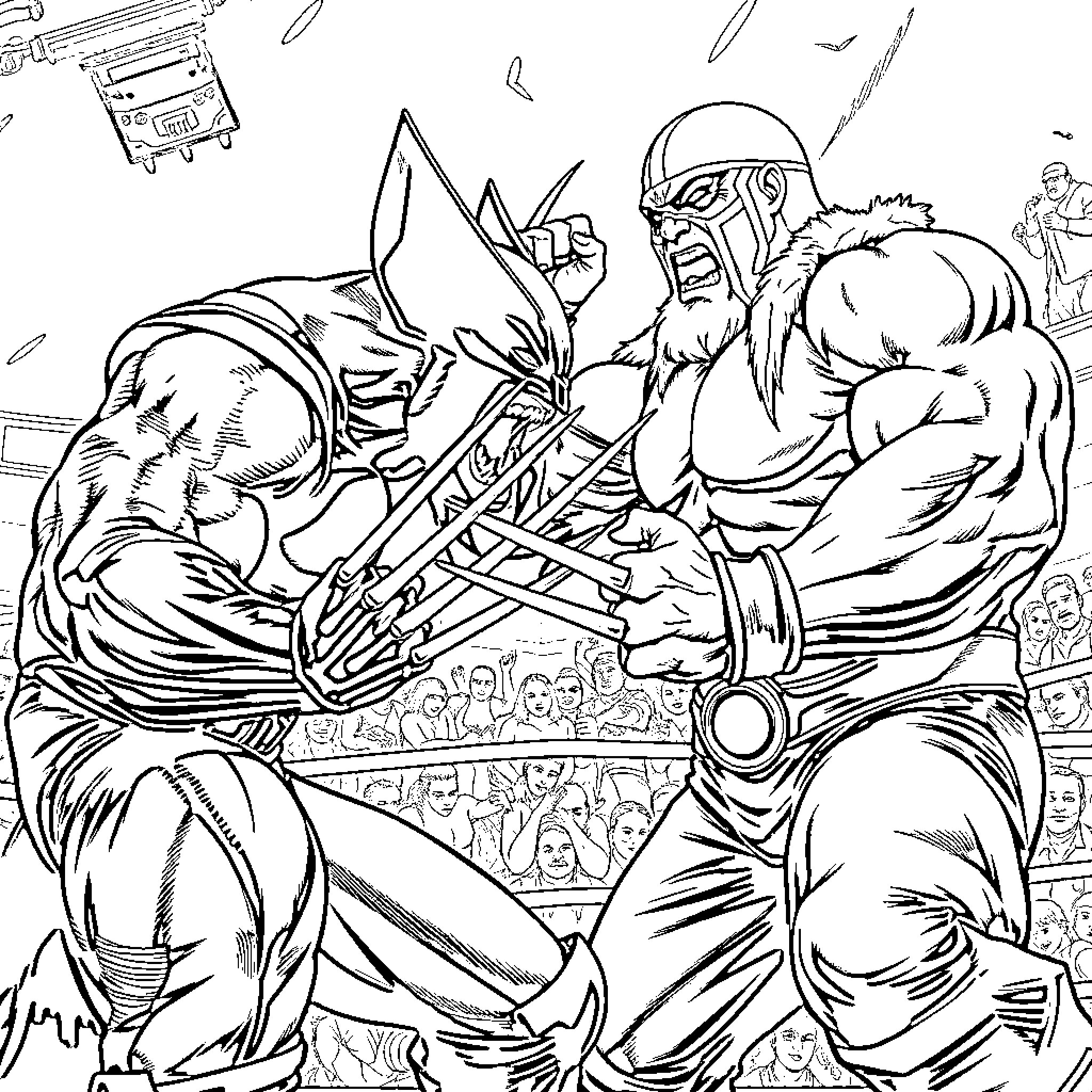 Wolverine battling ferociously in a wrestling match Coloring Page (free black-and-white line drawing printable PDF for all, from beginners to advanced learners, including children, teens, adults, and seniors)