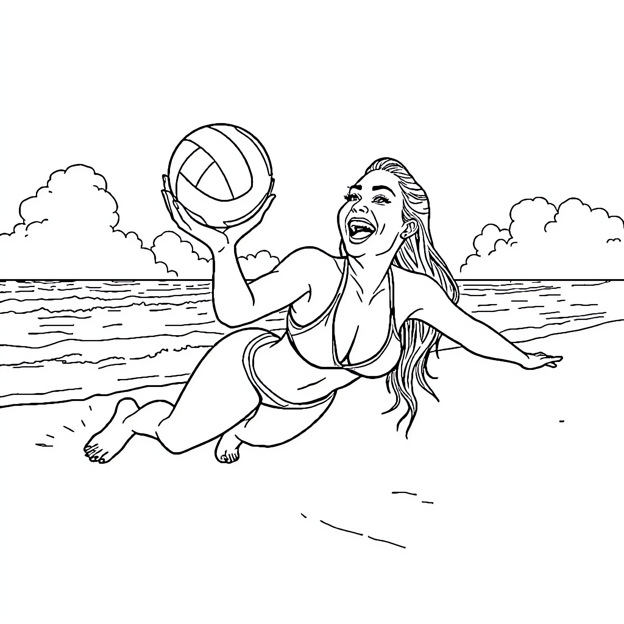 Liv Morgan having fun at the beach Coloring Page (free black-and-white line drawing printable PDF for all, from beginners to advanced learners, including children, teens, adults, and seniors)