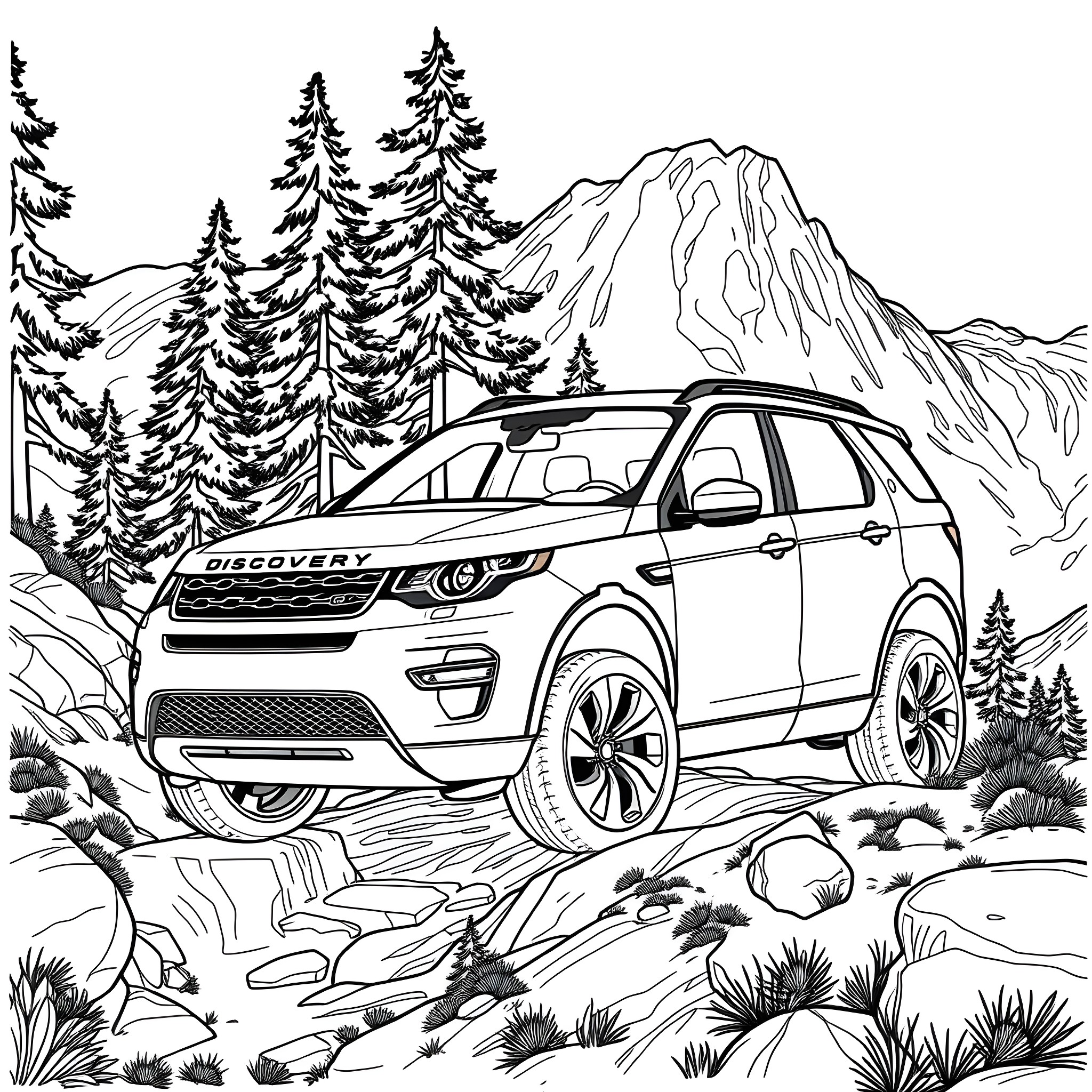 Discovery Sport in Rugged Mountain Terrain Coloring Page (free black-and-white line drawing printable PDF for all, from beginners to advanced learners, including children, teens, adults, and seniors)