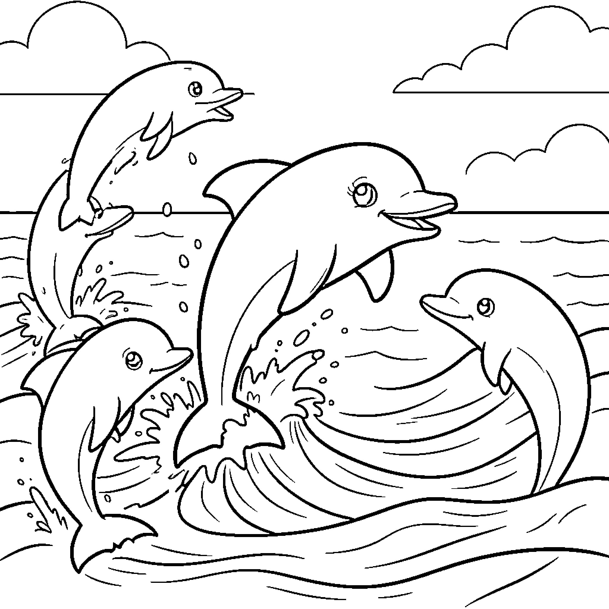 Dolphins swimming playfully in the ocean Coloring Page (free black-and-white line drawing printable PDF for all, from beginners to advanced learners, including children, teens, adults, and seniors)