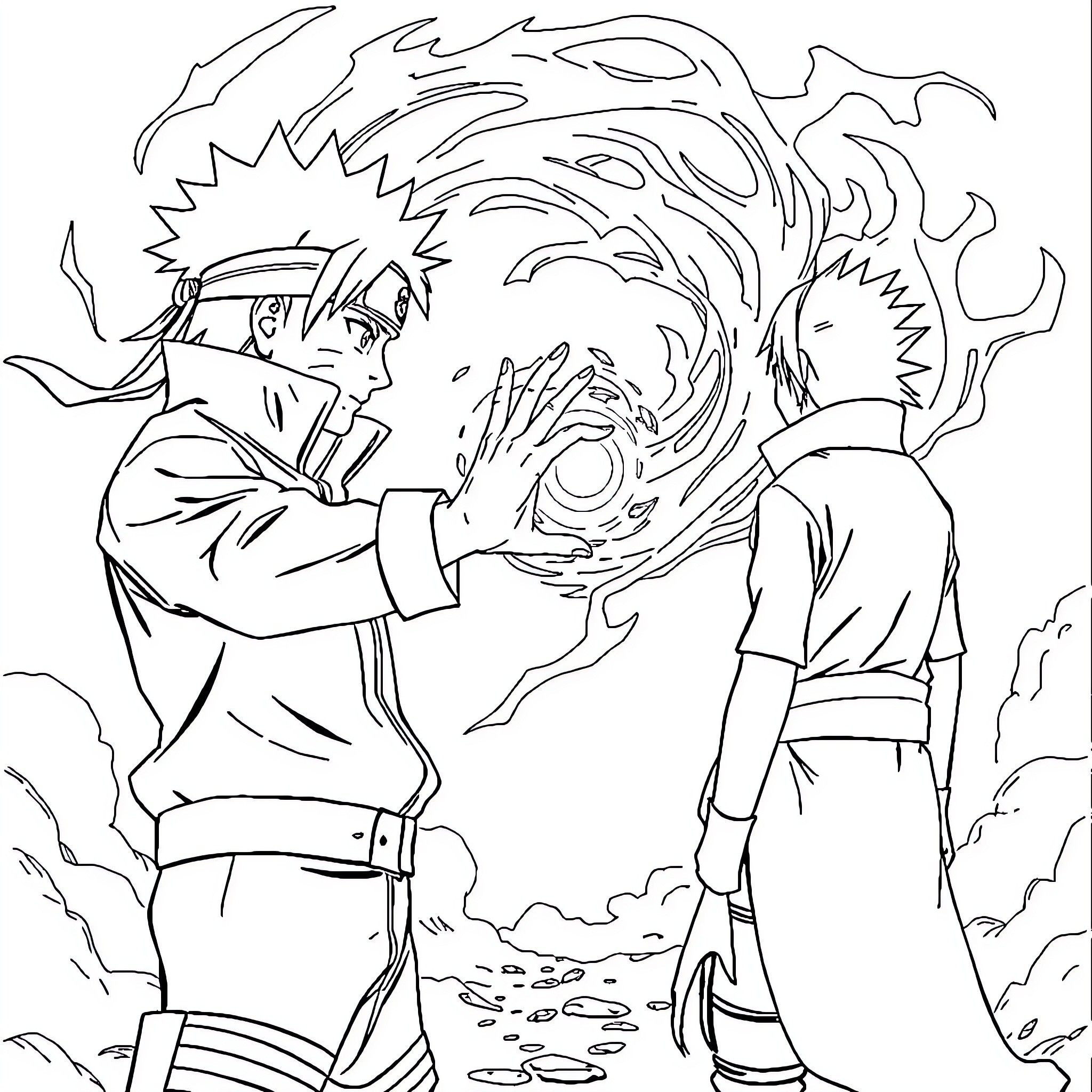 Naruto characters in intense battle with powerful jutsu Coloring Page (free black-and-white line drawing printable PDF for all, from beginners to advanced learners, including children, teens, adults, and seniors)