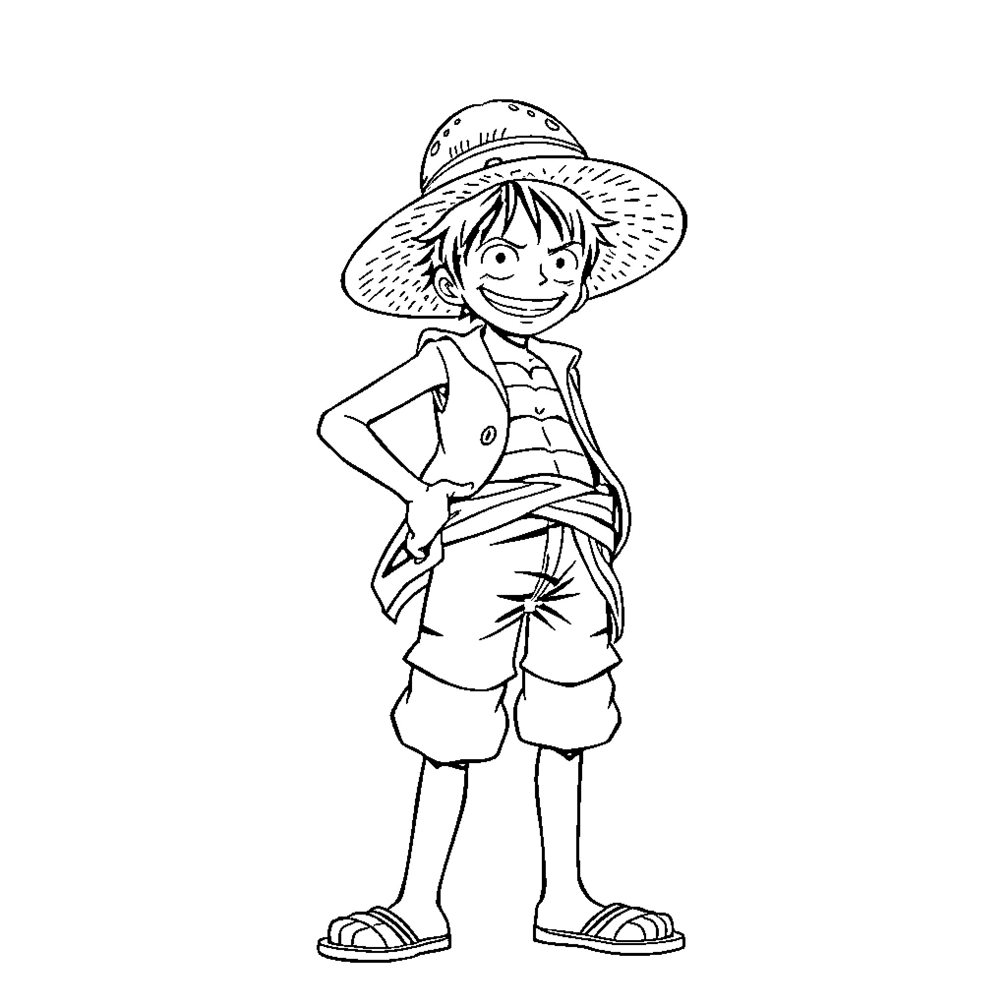 Monkey D Luffy in Adventurous Attire Coloring Page (free black-and-white line drawing printable PDF for all, from beginners to advanced learners, including children, teens, adults, and seniors)