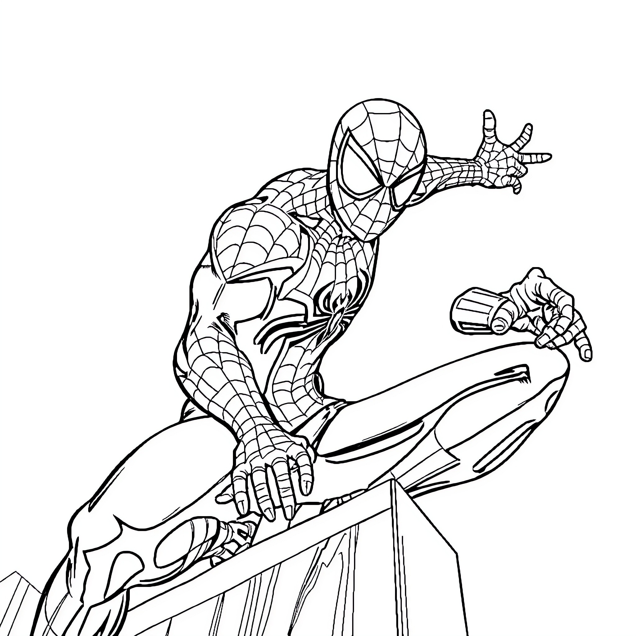 Spiderman climbing up a building in action pose Coloring Page (free black-and-white line drawing printable PDF for all, from beginners to advanced learners, including children, teens, adults, and seniors)